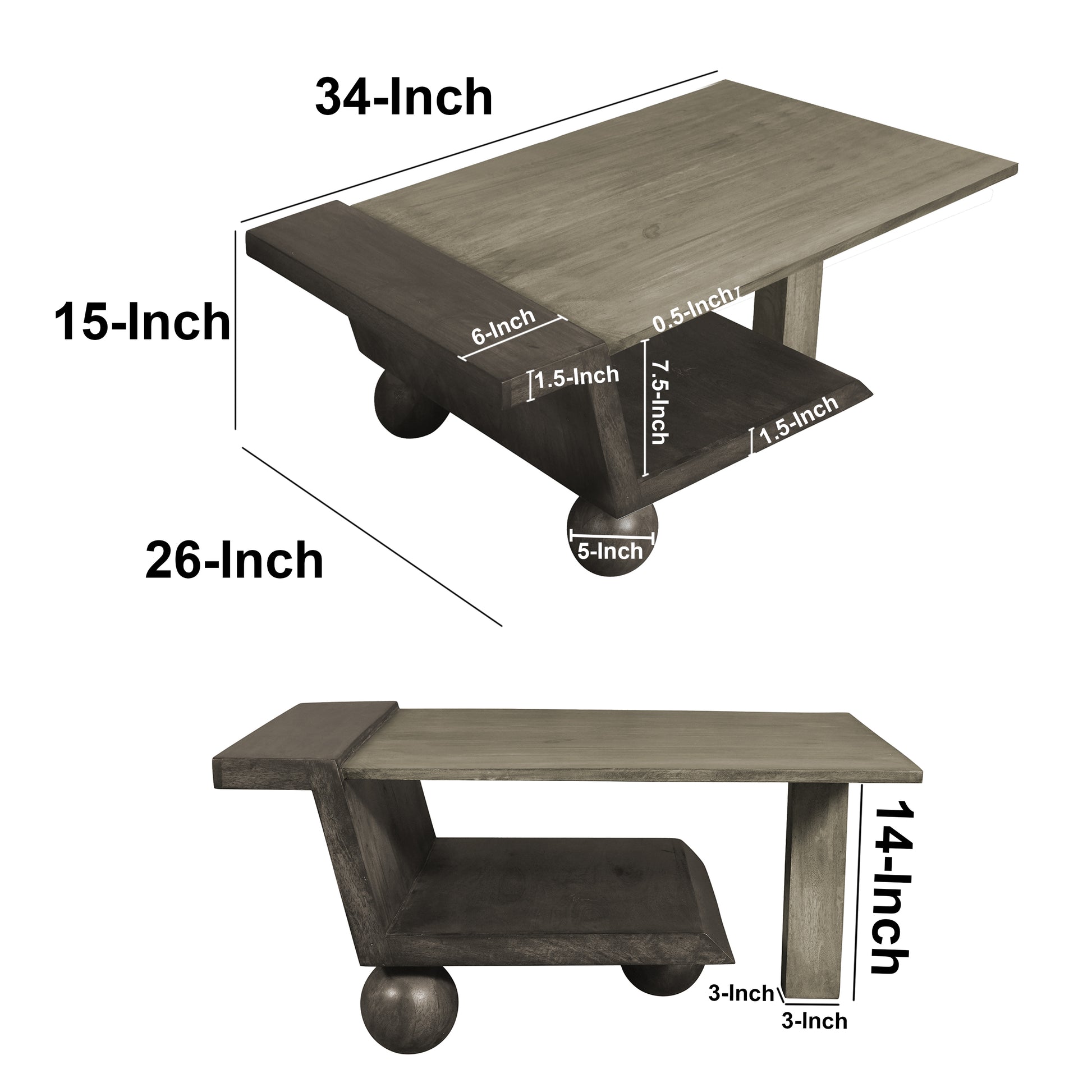 34 Inch Coffee Table, Handcrafted Natural Brown Mango Wood, Modern Contemporary Design Base Natural Walnut Solid Wood