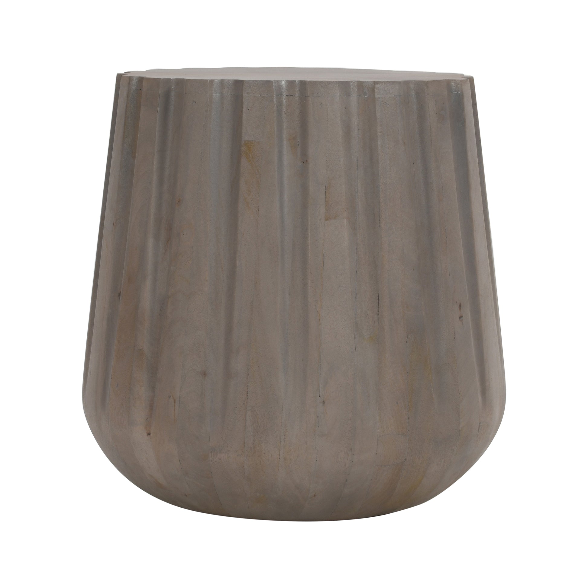 22 Inch Side End Table, Mango Wood Drum Shape With Handcrafted Grooved Edges, Gray Gray Solid Wood