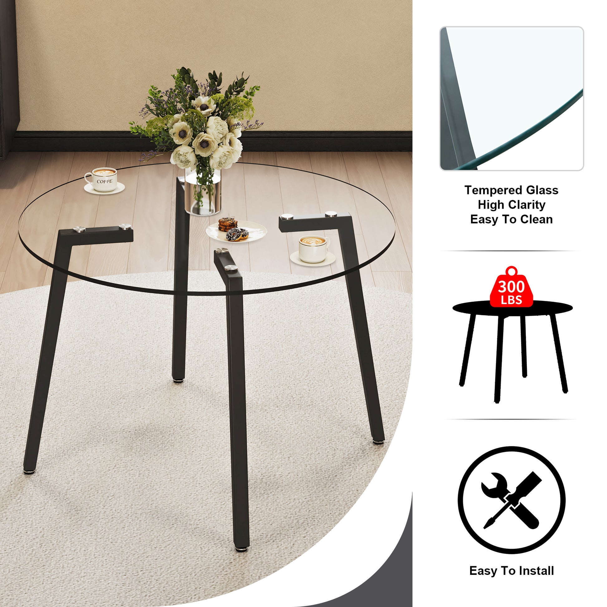 Modern Simple Style Round Transparent Tempered Glass Table, Tempered Glass Table Top, Black Metal Legs, Suitable For Kitchen, Dining Room And Living Room, 42 "*42" *29.5 "1123R Transparent Glass