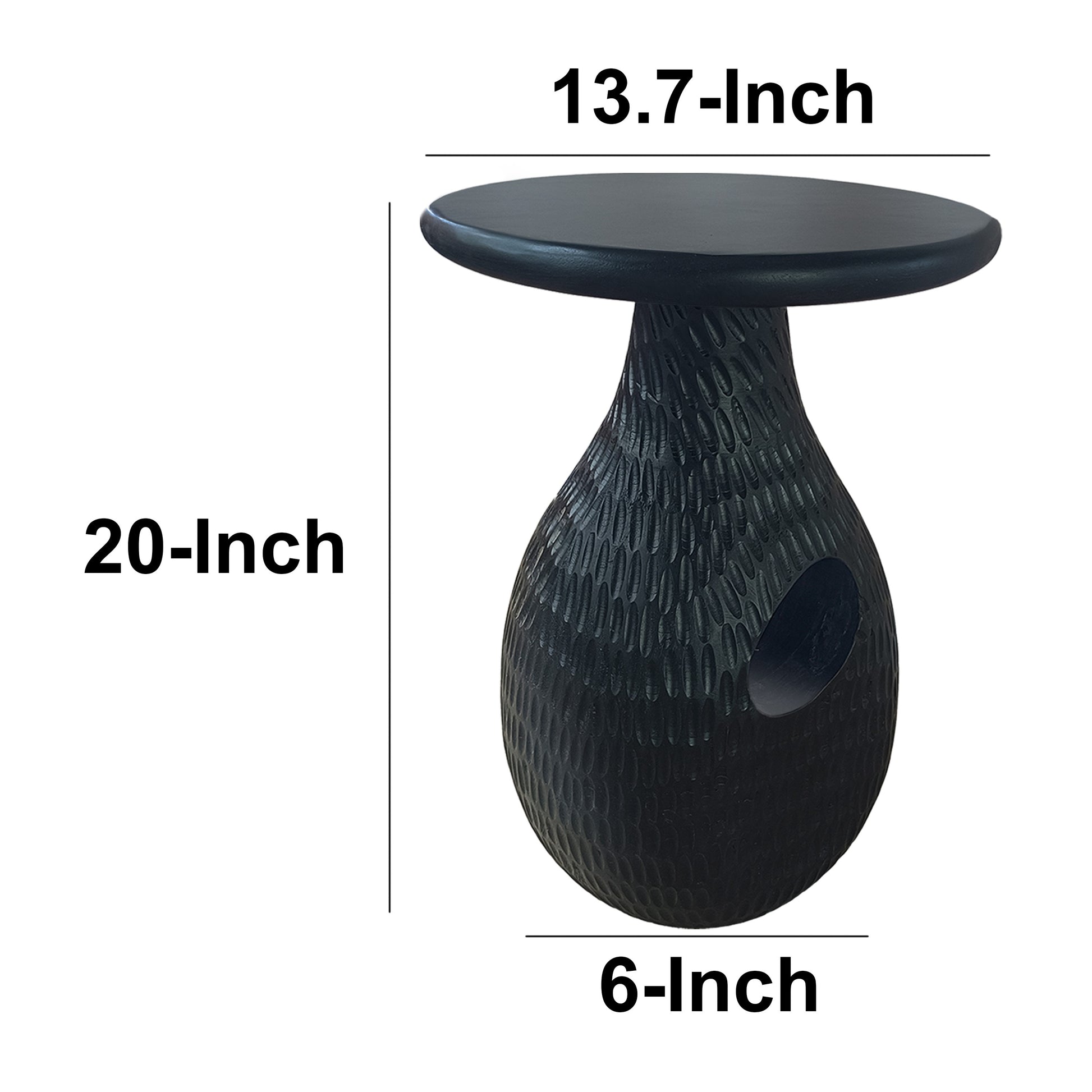 14 Inch Side End Table, Artisan Handcrafted Mango Wood, Embossed Teardrop Shaped Base, Black Black Solid Wood