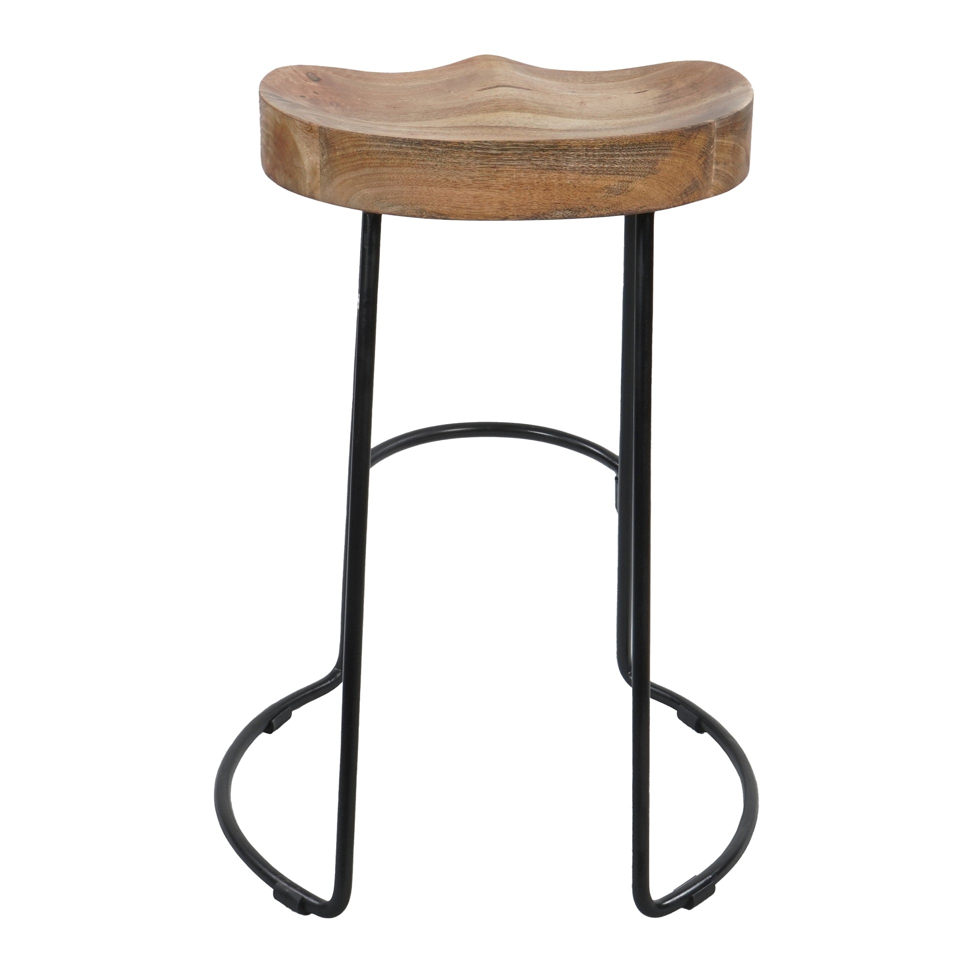 24 Inch Handcrafted Backless Barstool, Natural Brown Mango Wood Thick Saddle Seat, Black Iron Base Black Brown Metal & Wood