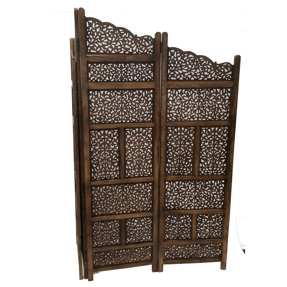 Hand Carved Foldable 4 Panel Wooden Partition Screen Roomdivider,Brown Brown Wood