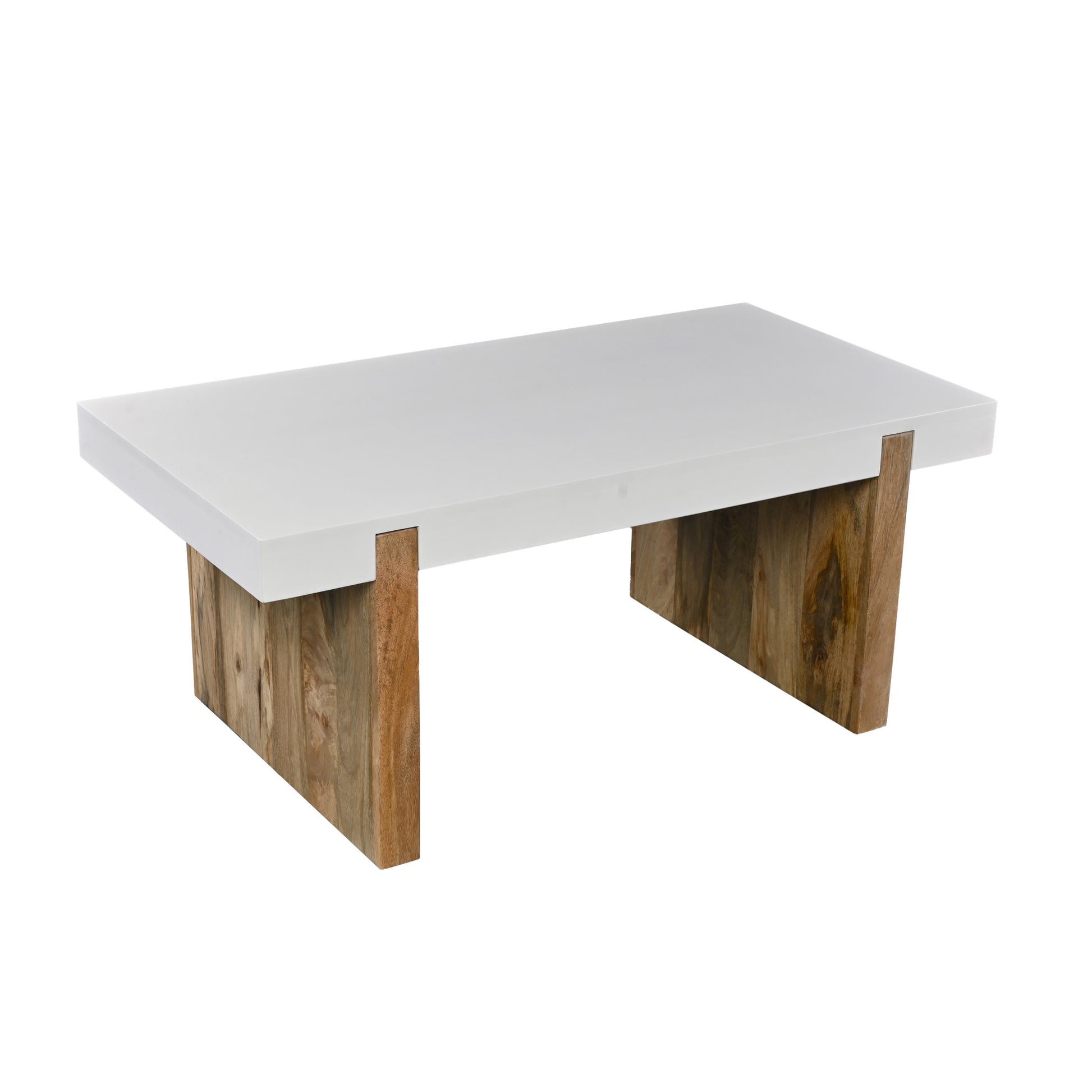 Kerry 38 Inch Mango Wood Coffee Table, Rectangular, Sled Base, Glossy White, Natural Brown Brown White Wood