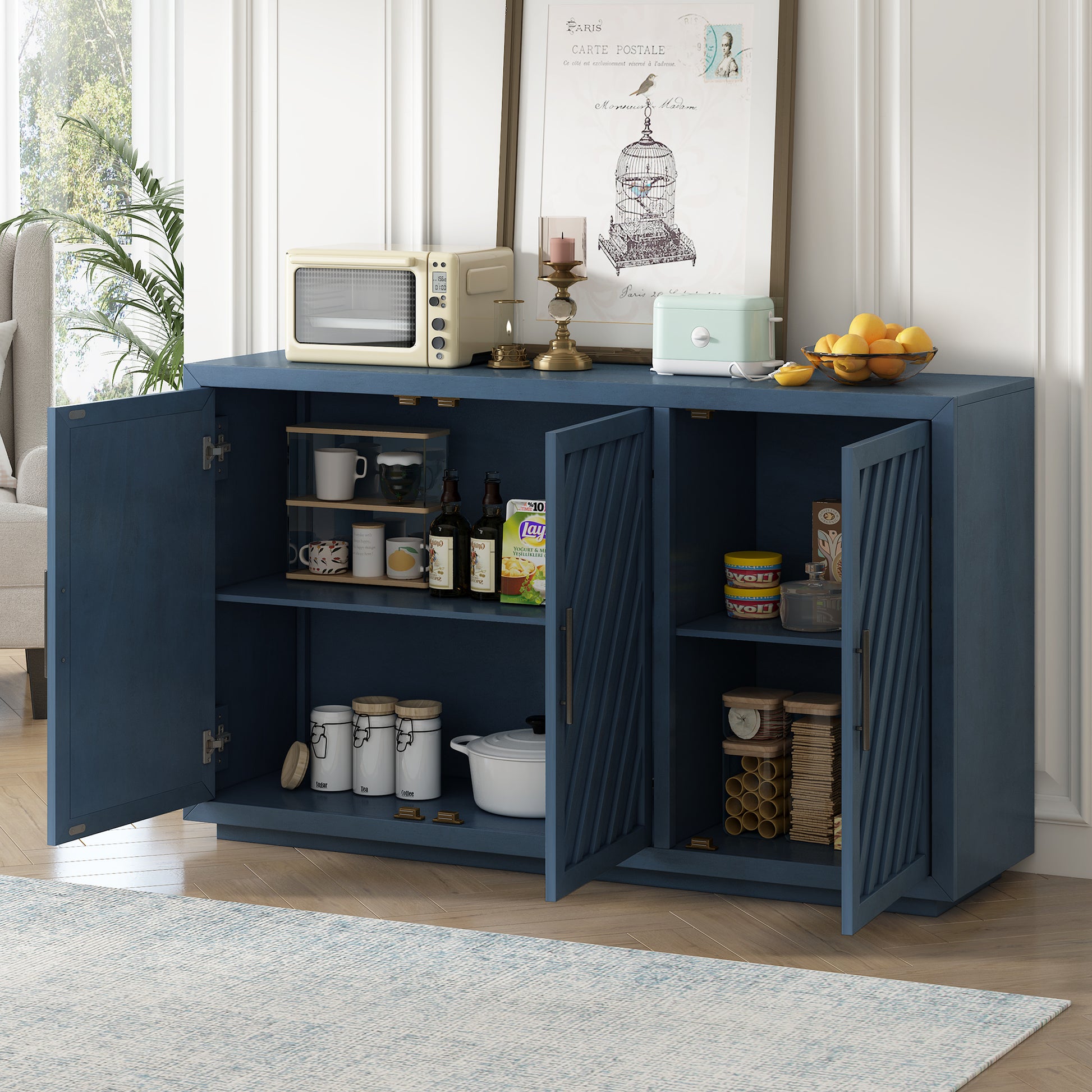 3 Door Large Storage Retro Sideboard with antique blue-solid wood+mdf