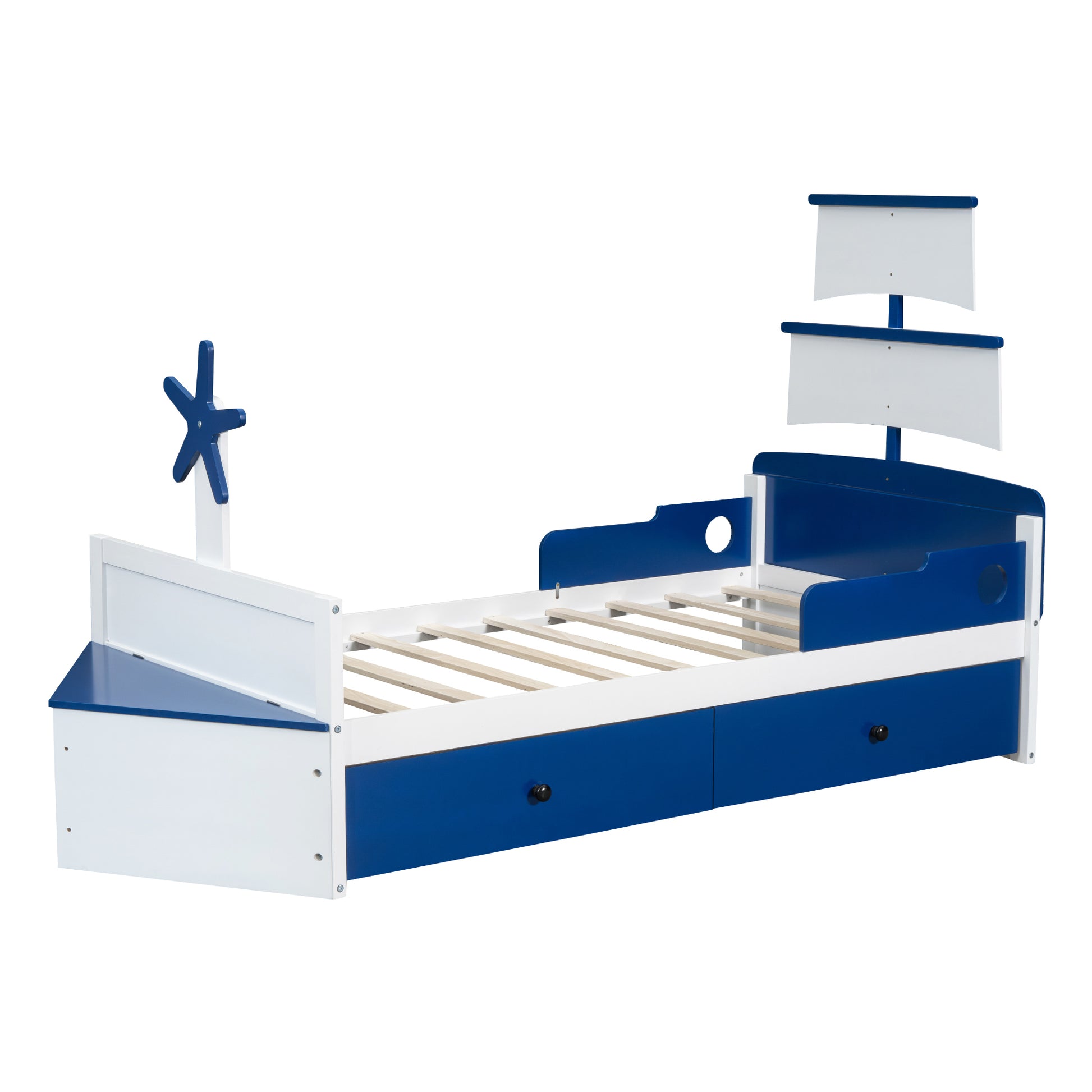 Twin Size Boat Shaped Platform Bed With 2 Drawers ,Twin Bed With Storage For Bedroom,Blue Blue Wood