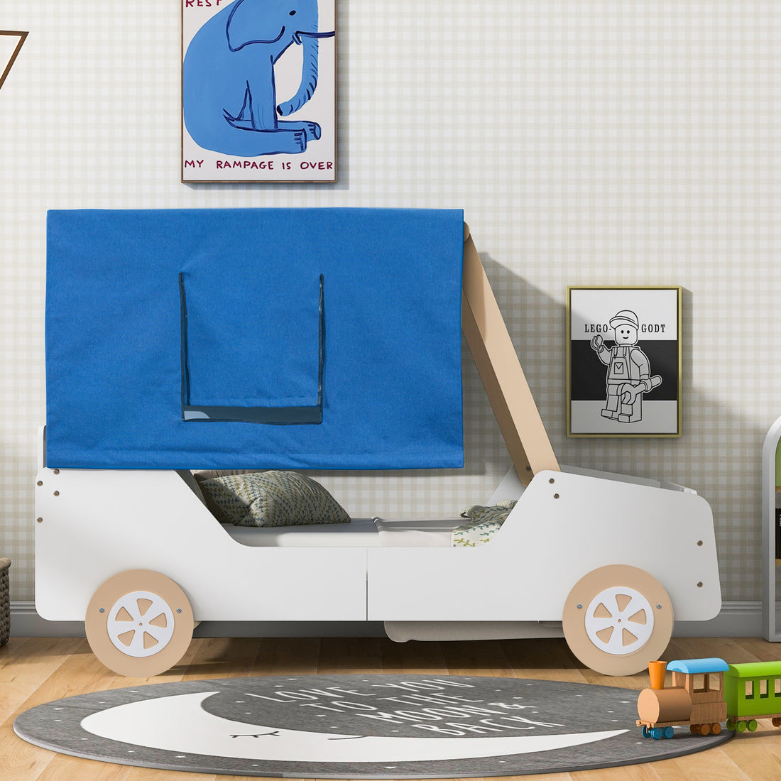 Twin Size Car Shaped Bed With Tents,White Natural White Natural Plywood