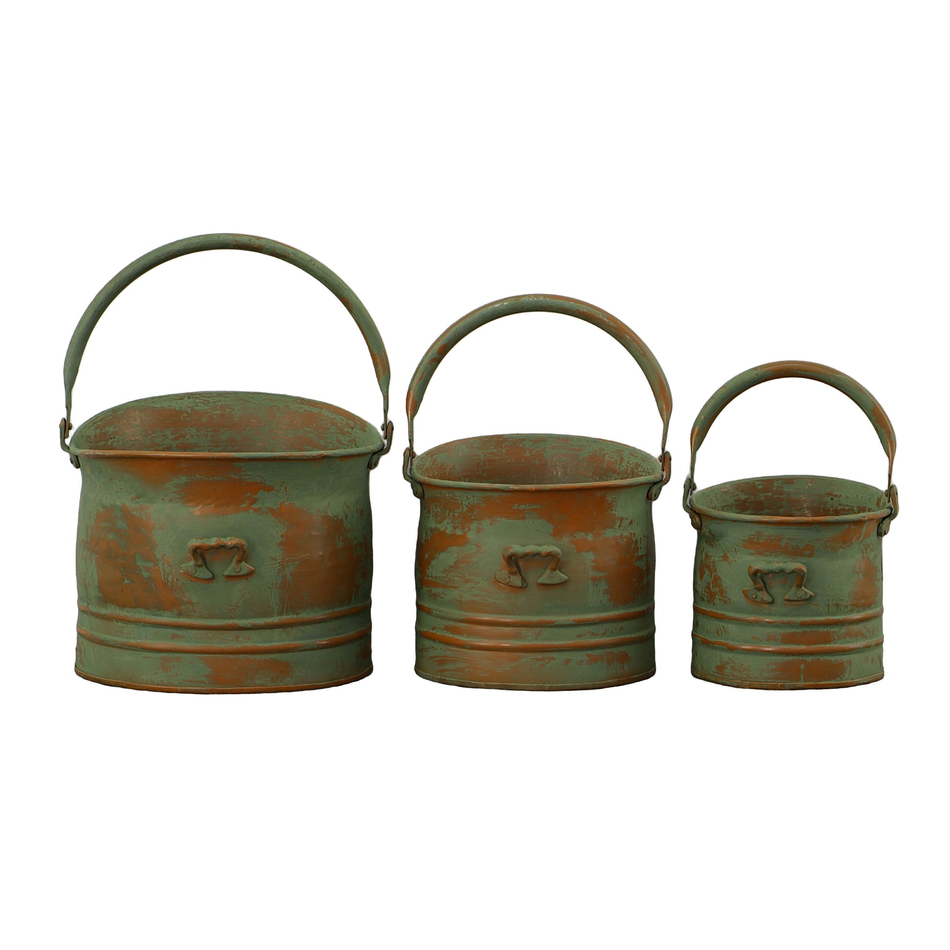 Tinged Metal Bucket Planter With Handles, Patina Rust Finish, Green, Set Of 3 Green Metal