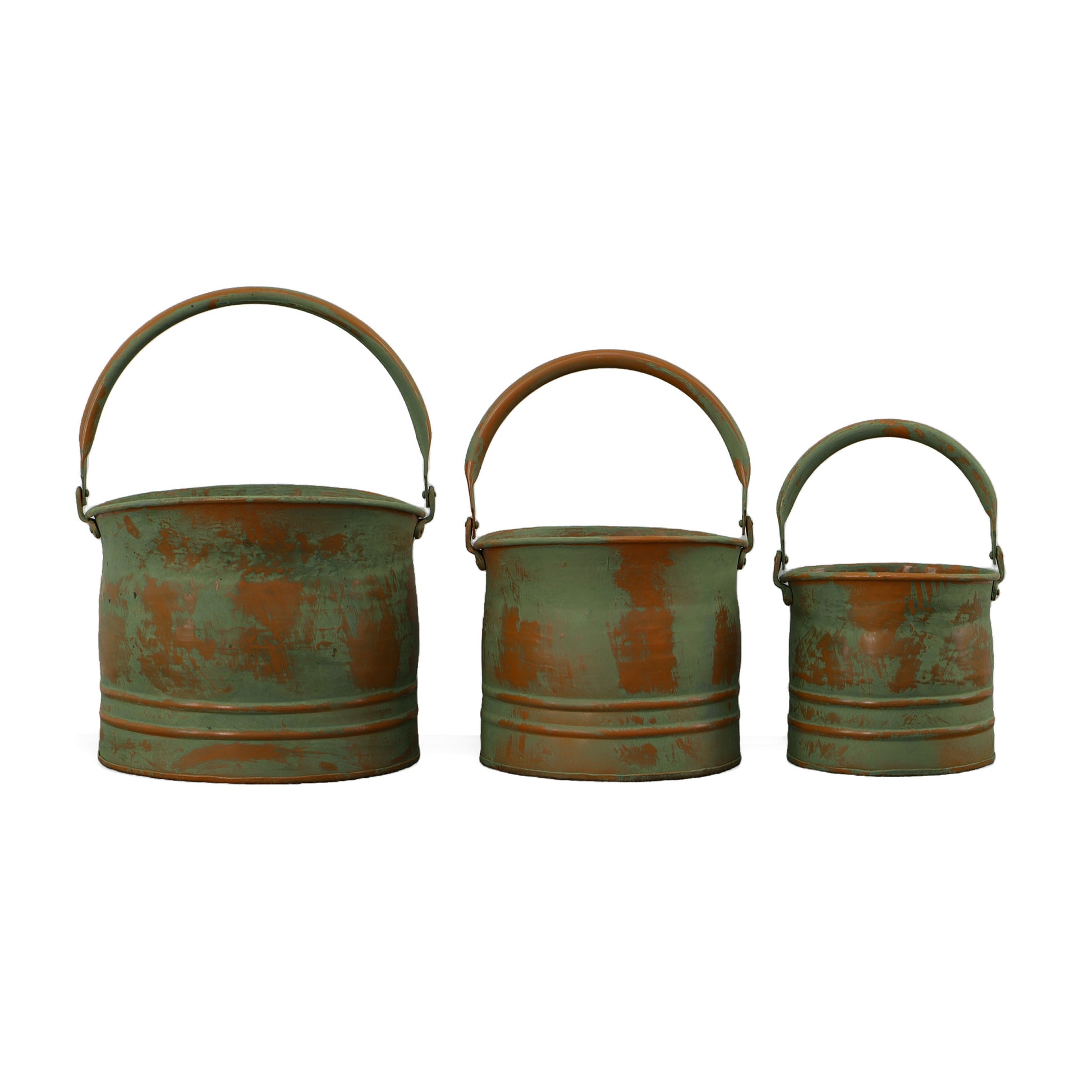 Tinged Metal Bucket Planter With Handles, Patina Rust Finish, Green, Set Of 3 Green Metal