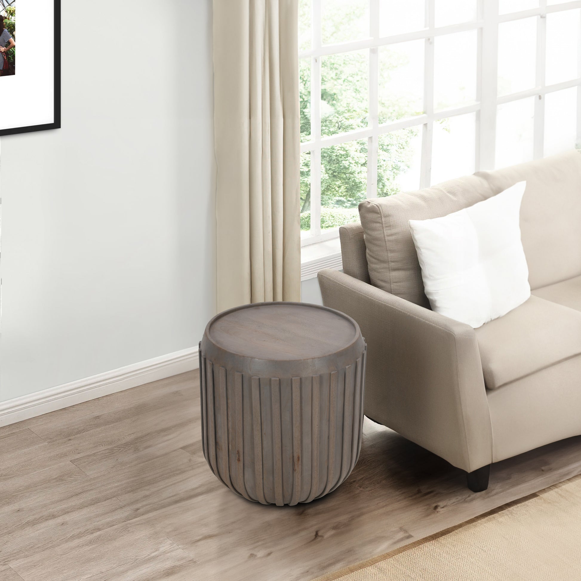 Alisha 25 Inch Side End Table, Handcrafted Mango Wood Drum Shape With Ribbed Edges, Gray Gray Solid Wood