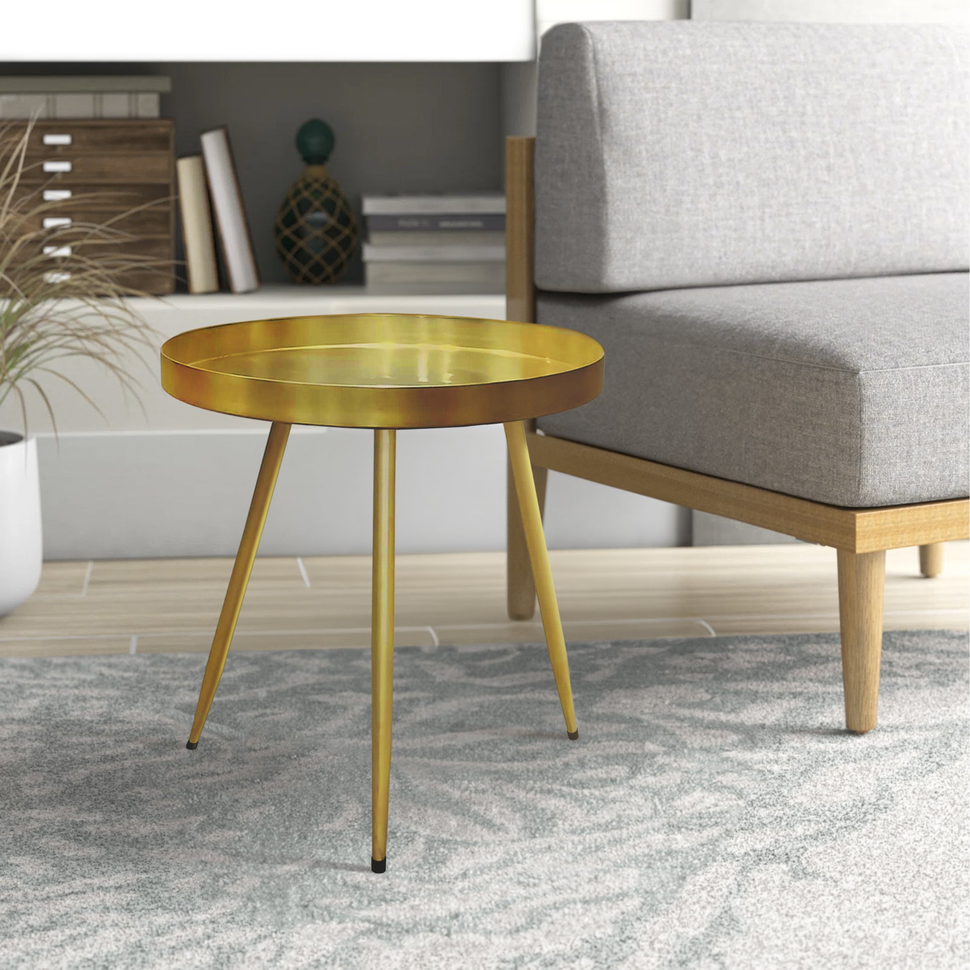 Enid 19 Inch Side End Table, Iron Brass Plating, Tray Top, Modern Sleek Angled Legs Antique Brass Iron