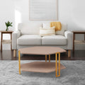 36 Inch Hexagonal Modern Coffee Table, Wood Top And Shelf, Gold Metal Legs Brown Gold Particle Board