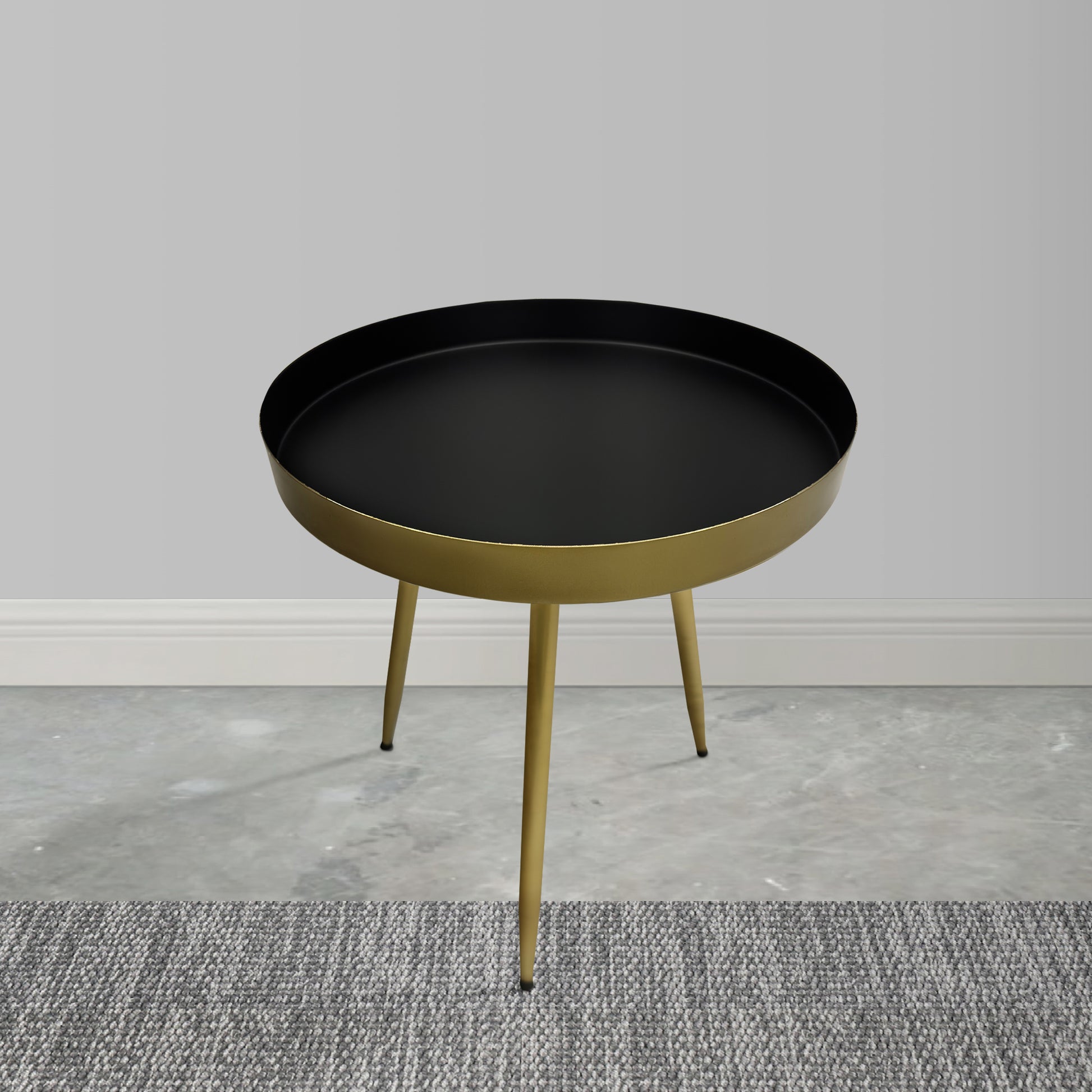 Enid 19 Inch Side End Table, Iron Brass Plating, Black Matte Top, Modern Sleek Angled Legs Antique Brass Black Iron