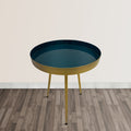 Enid 19 Inch Side End Table, Iron Brass Plating, Enamel Blue Top, Modern Sleek Angled Legs Blue Iron