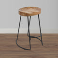 30 Inch Handcrafted Backless Counter Height Barstool, Natural Brown Mango Wood Saddle Seat, Black Iron Base Black Brown Metal & Wood