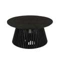 Ridge 32 Inch Handcrafted Round Coffee Table, Mango Wood, Slatted Flared Base, Black Black Solid Wood