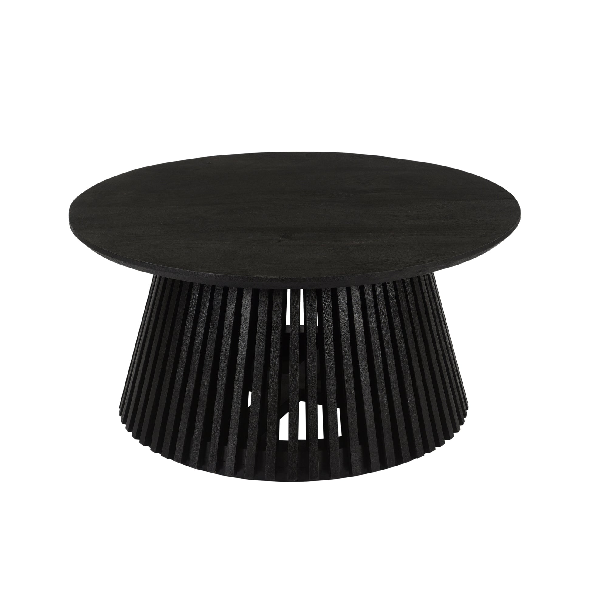 Ridge 32 Inch Handcrafted Round Coffee Table, Mango Wood, Slatted Flared Base, Black Black Solid Wood