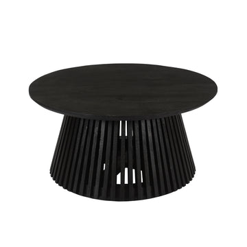 Ridge 32 Inch Handcrafted Round Coffee Table, Mango Wood, Slatted Flared Base, Black Black Solid Wood