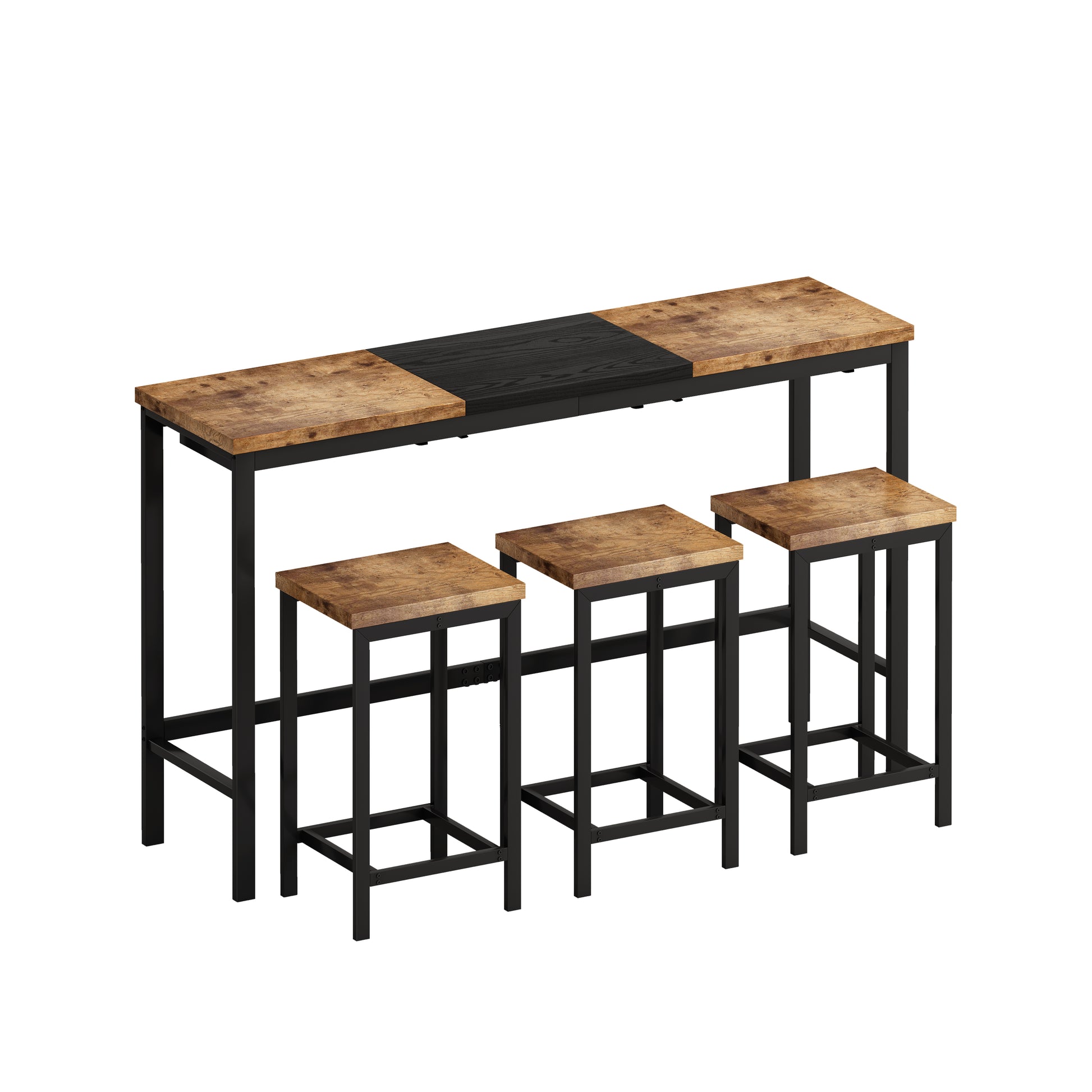Modern Design Kitchen Dining Table, Pub Table, Long Dining Table Set With 3 Stools, Convenient Hanging Stool Design, Natural Black Natural Black Desk And Chair Set Mdf Metal