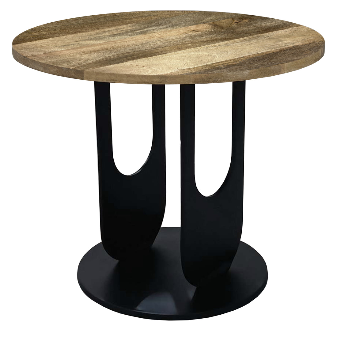 22 Inch Side End Table, Round Natural Mango Wood Top, Black Iron U Shaped Legs Black Brown Metal & Wood