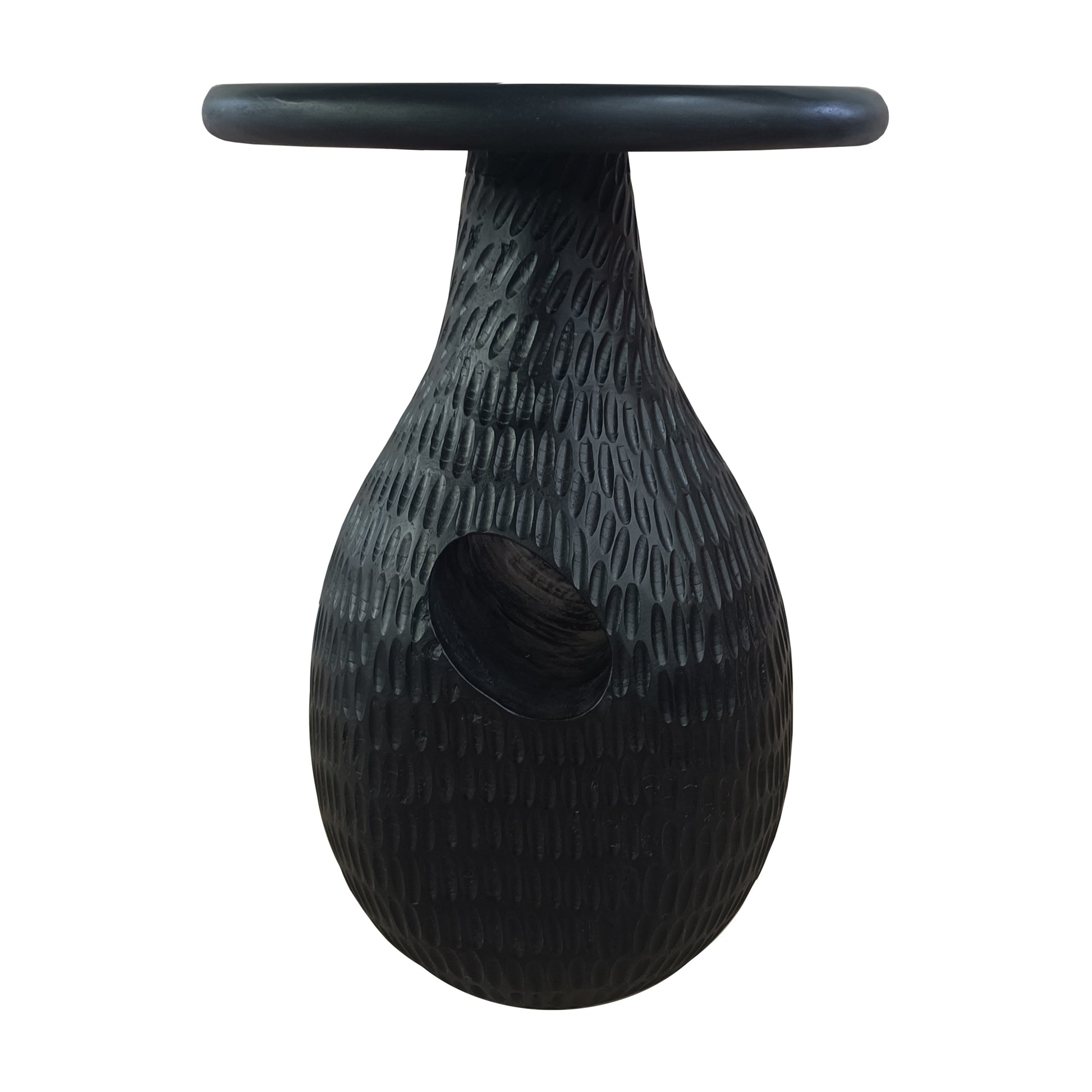 14 Inch Side End Table, Artisan Handcrafted Mango Wood, Embossed Teardrop Shaped Base, Black Black Solid Wood