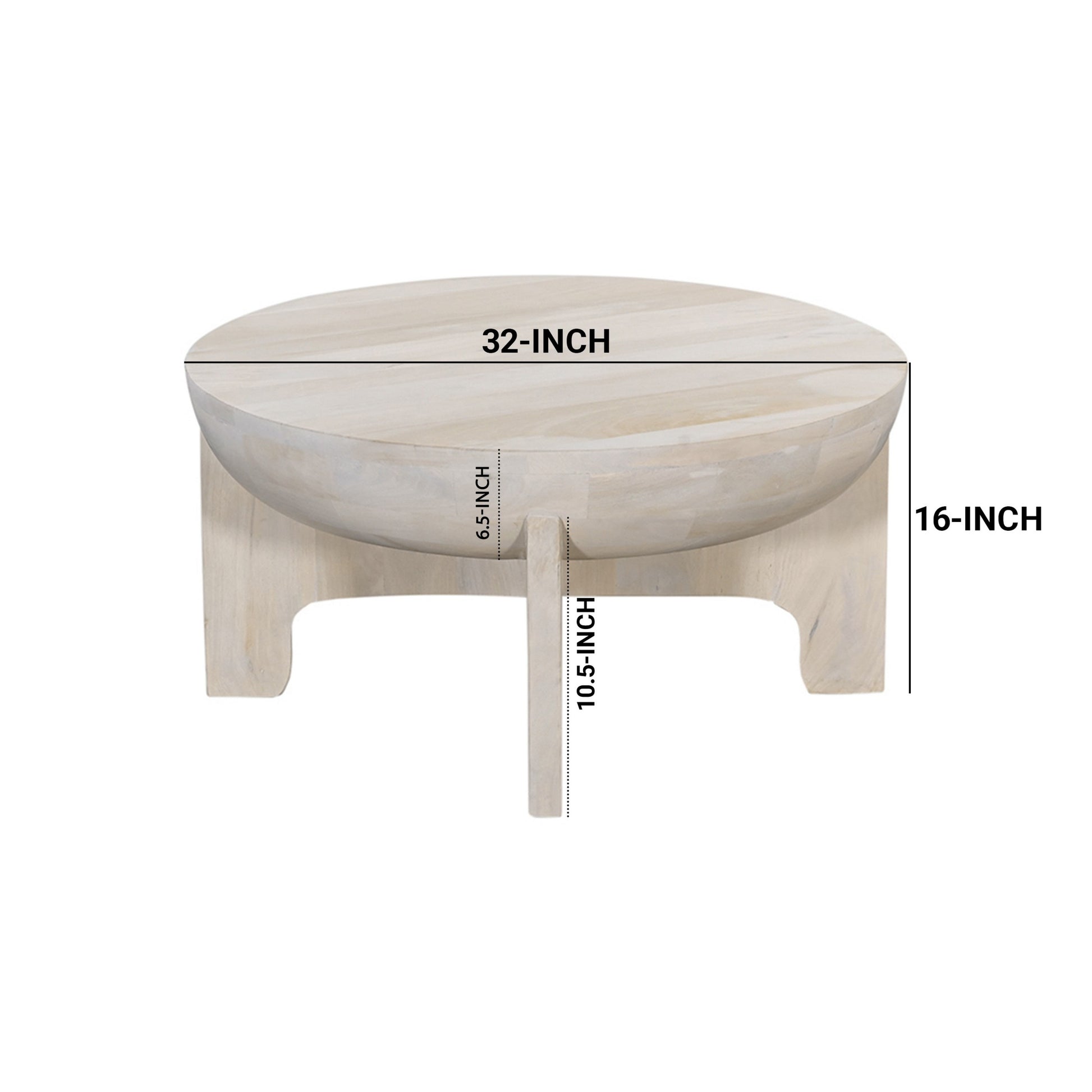 Tomas 32 Inch Coffee Table, Mango Wood Drum Top, Classic Washed White White Solid Wood