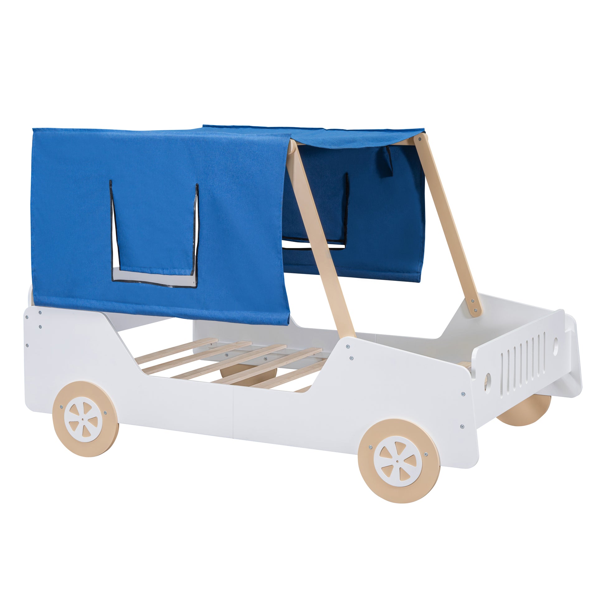 Full Size Car Shaped Bed With Tents,White Natural White Natural Plywood