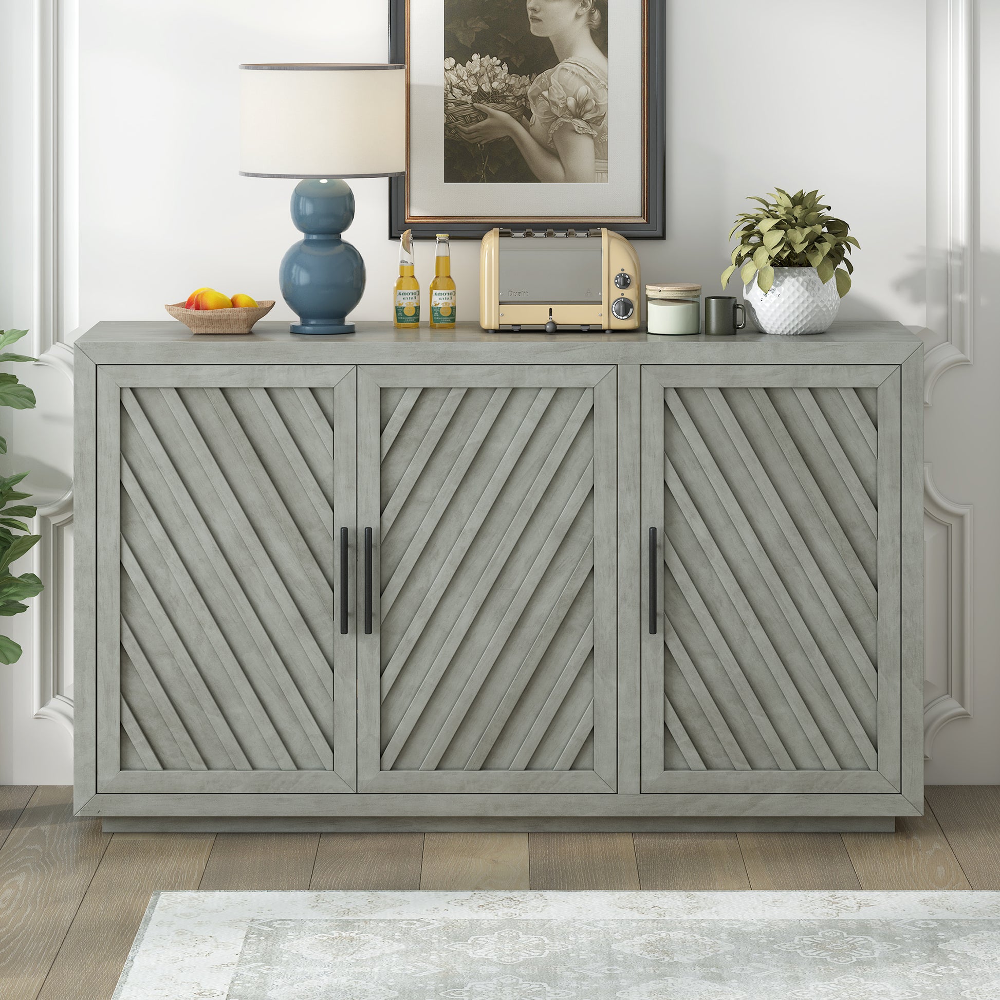 3 Door Large Storage Retro Sideboard with antique gray-solid wood+mdf