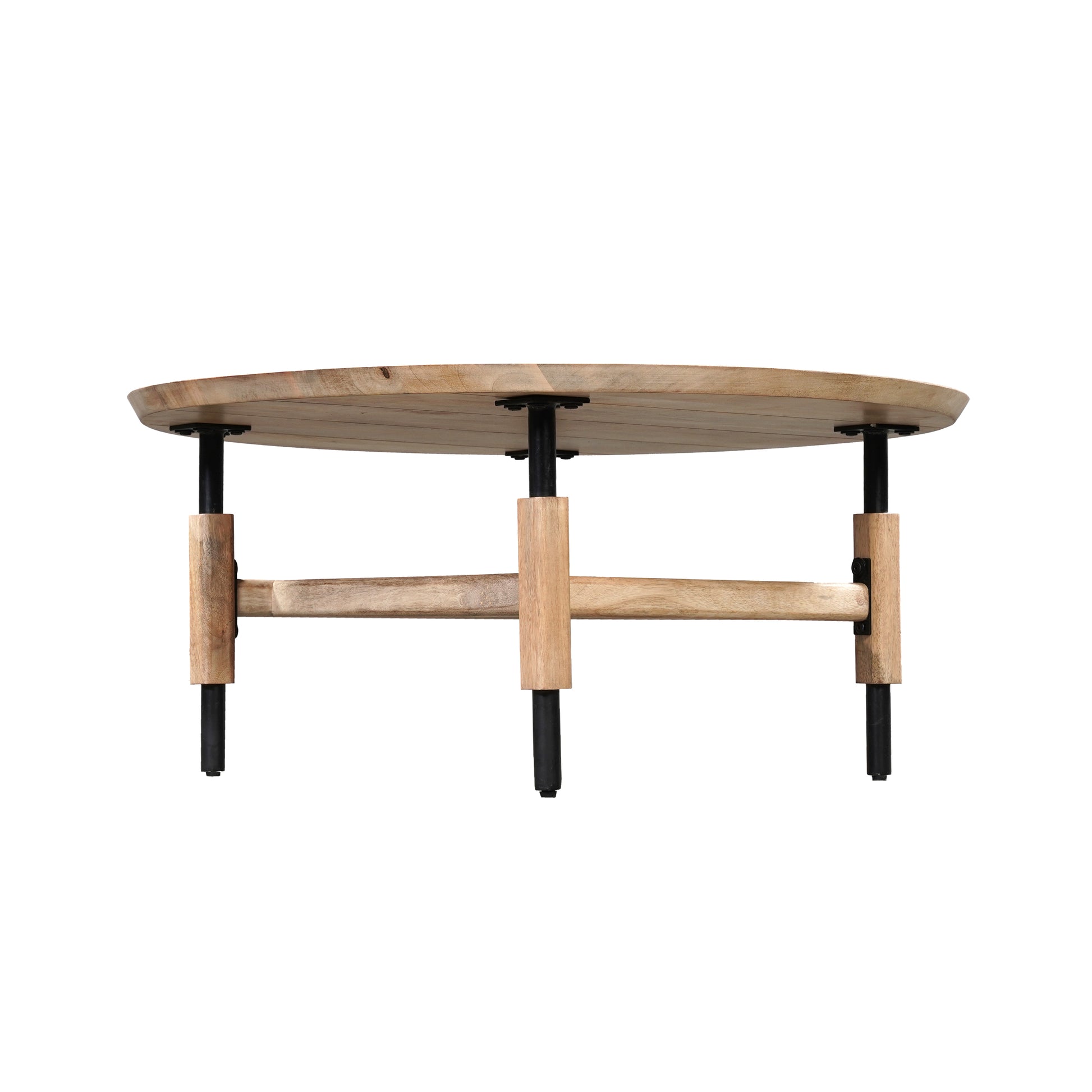 34 Inch Round Coffee Table, Handcrafted Natural Brown Mango Wood With Black Iron Legs Black Brown Metal & Wood