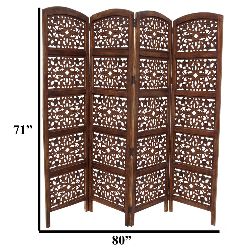 The Handmade Foldable 4 Panel Wooden Partition Screen Room Divider, Brown Dark Brown Solid Wood Mdf