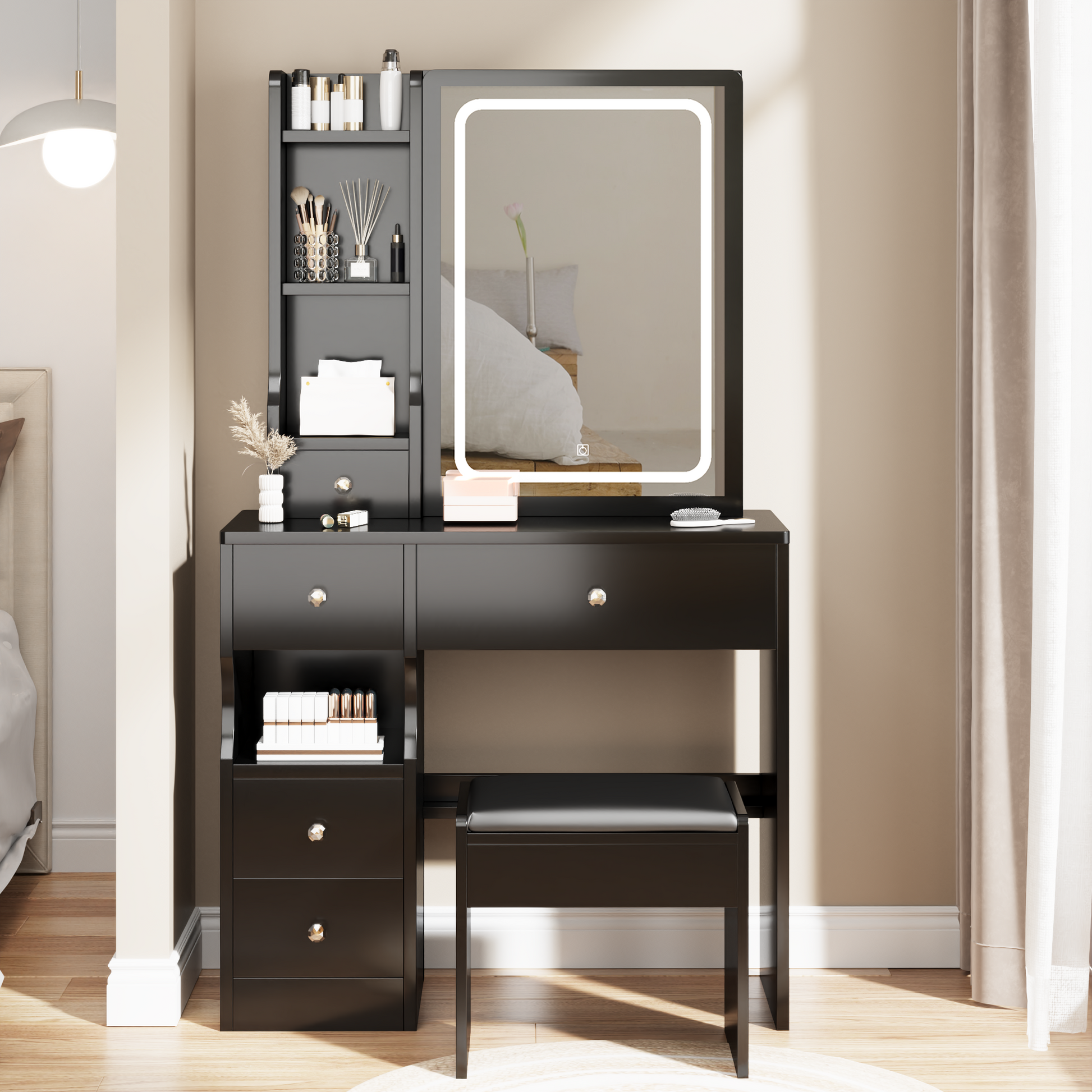 Small Space Left Drawer Desktop Vanity Table Cushioned Stool, Extra La Small Space Left Drawer Desktop Vanity Table Cushioned Stool, Extra La