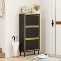 3 Metal Door Shoe Rack, Freestanding Modern Shoe Storage Cabinet, Metal Rattan, For Entryway Black Particle Board