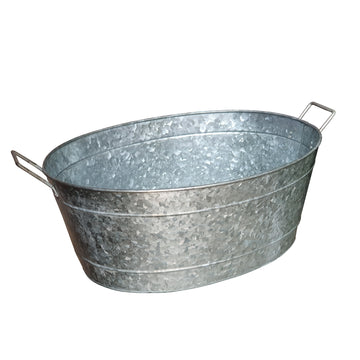 Embossed Design Oval Shape Galvanized Steel Tub With Side Handles, Small, Silver Antique Silver Steel