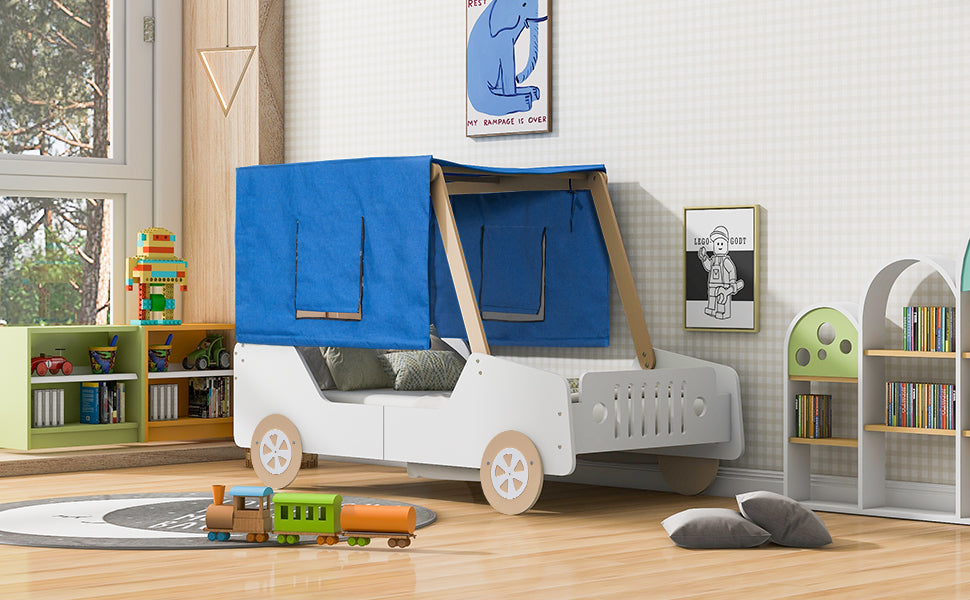 Twin Size Car Shaped Bed With Tents,White Natural White Natural Plywood