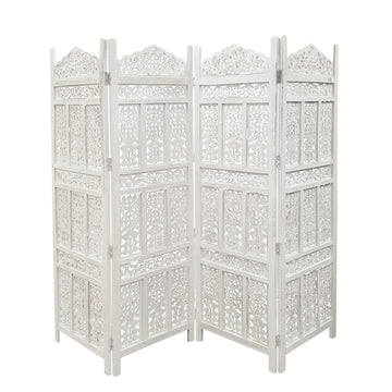 Aesthetiy Carved 4 Panel Wooden Partition Screen Room Divider, Distressed White White Wood