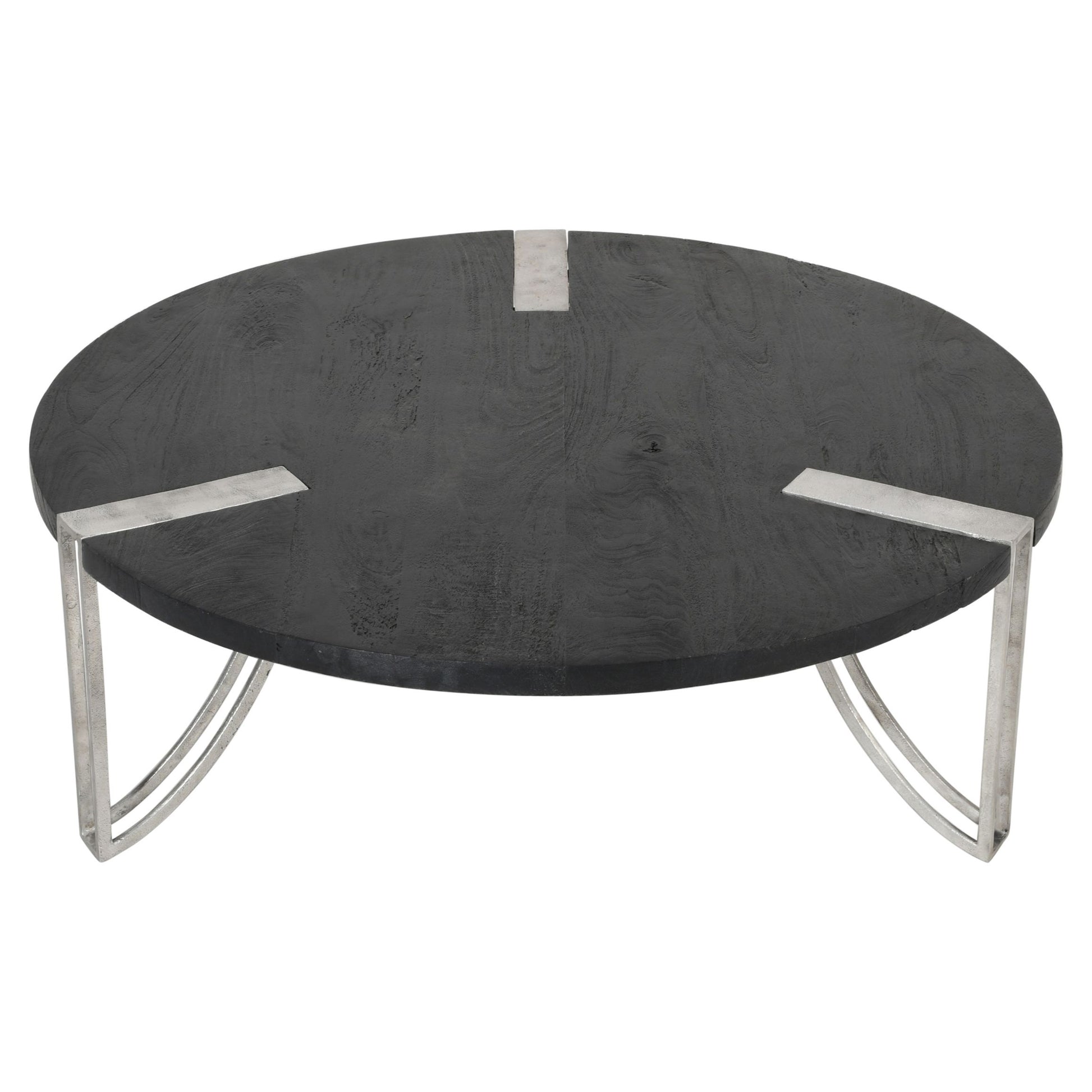 35 Inch Round Coffee Table, Sandblasted Matte Black Mango Wood Top, Curved Aluminium Legs, Antique Silver Antique Silver Metal & Wood