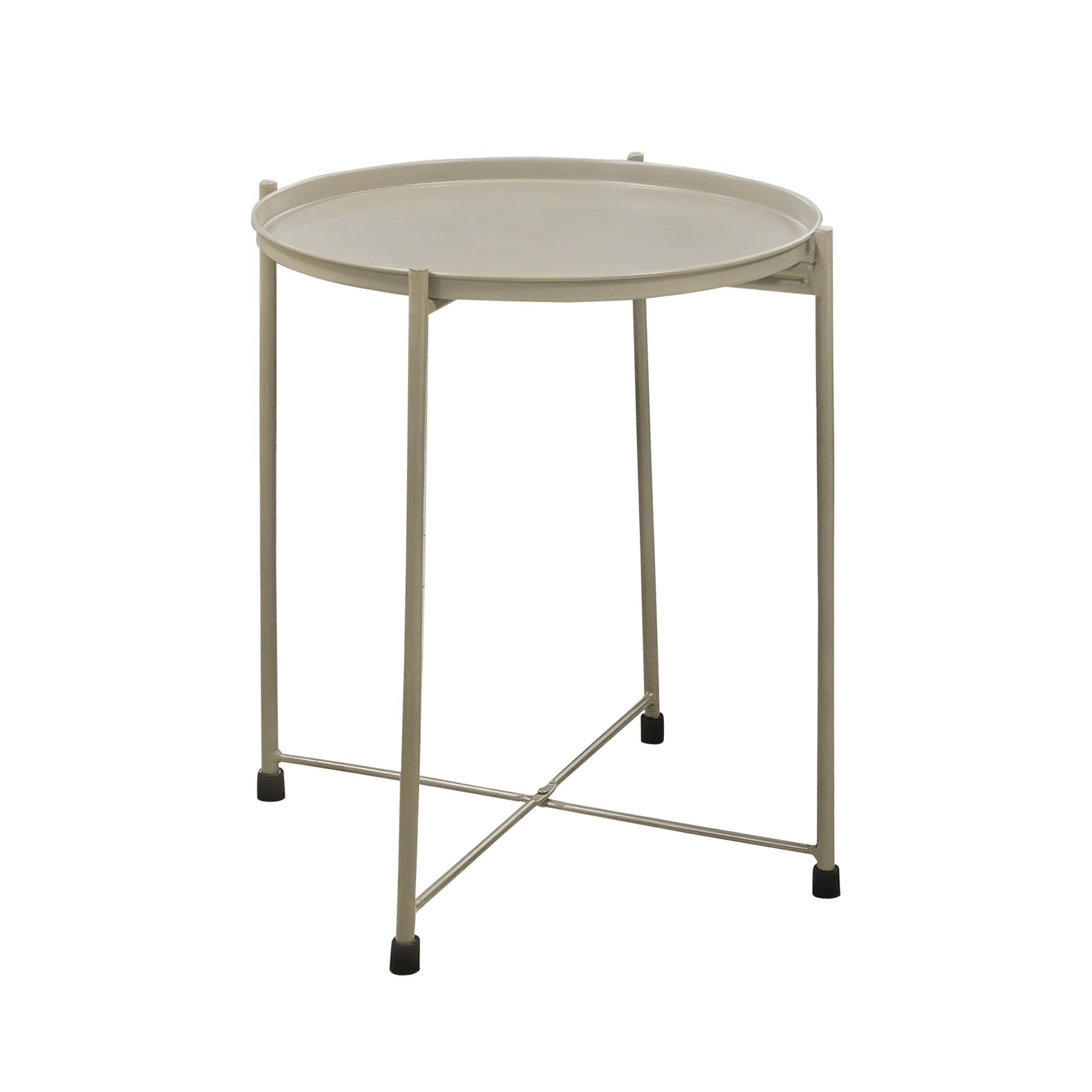 18 Inch Modern Side End Table, Round Metal Tray Top, Foldable Legs, Beige Beige Iron