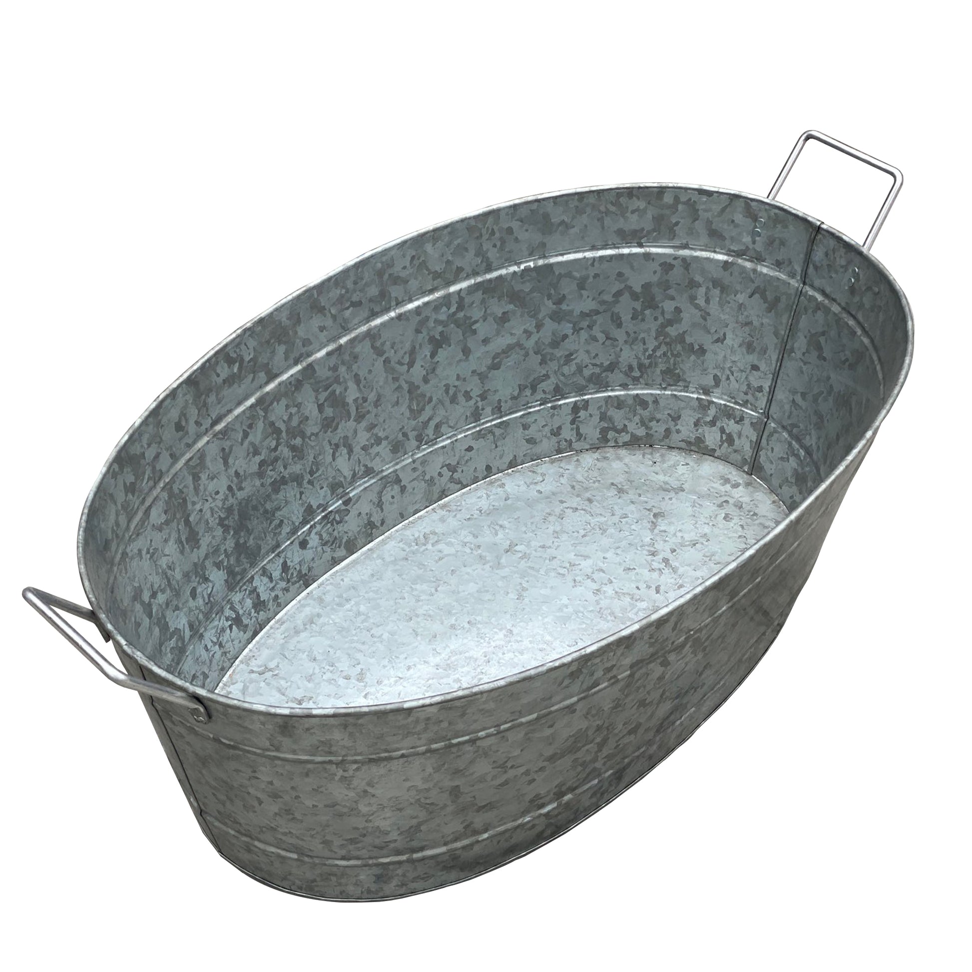 Embossed Design Oval Shape Galvanized Steel Tub With Side Handles, Large, Silver Antique Silver Steel