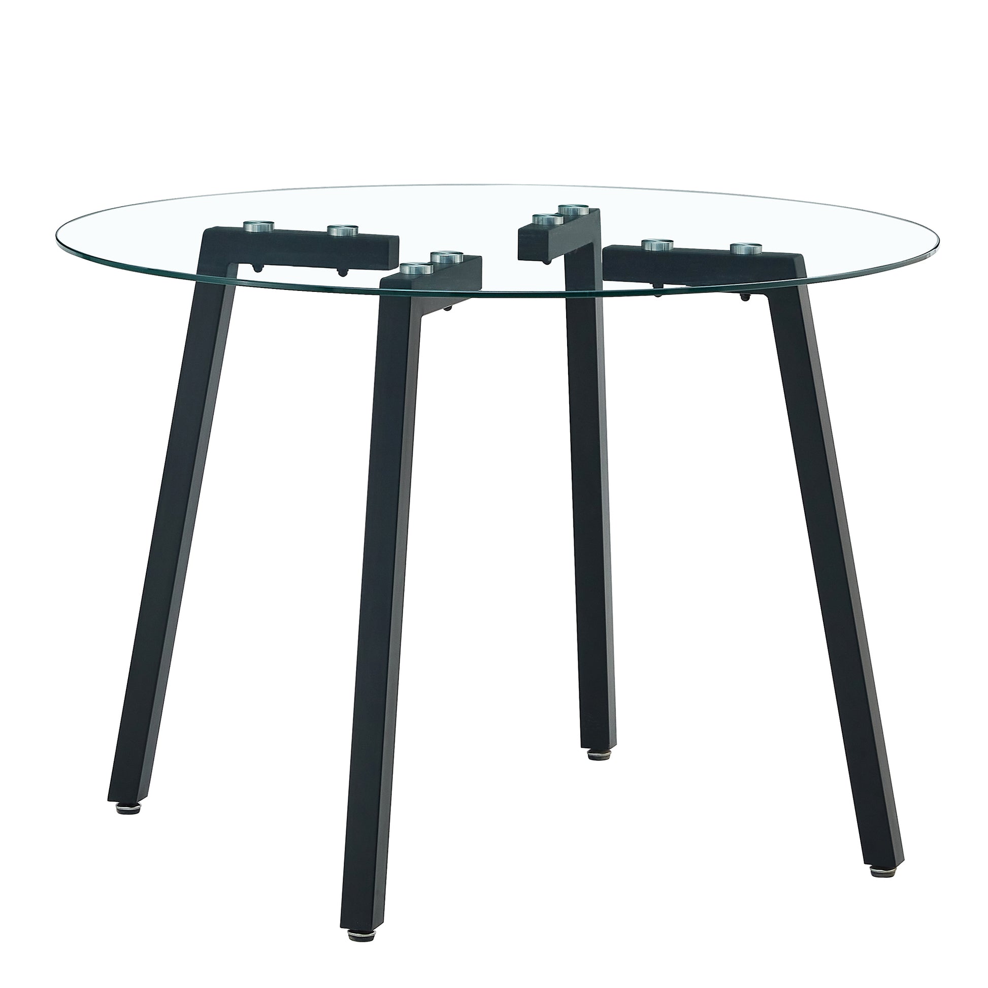 Modern Simple Style Round Transparent Tempered Glass Table, Tempered Glass Table Top, Black Metal Legs, Suitable For Kitchen, Dining Room And Living Room, 42 "*42" *29.5 "1123R Transparent Glass