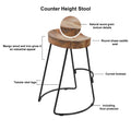 30 Inch Handcrafted Backless Counter Height Barstool, Natural Brown Mango Wood Saddle Seat, Black Iron Base Black Brown Metal & Wood