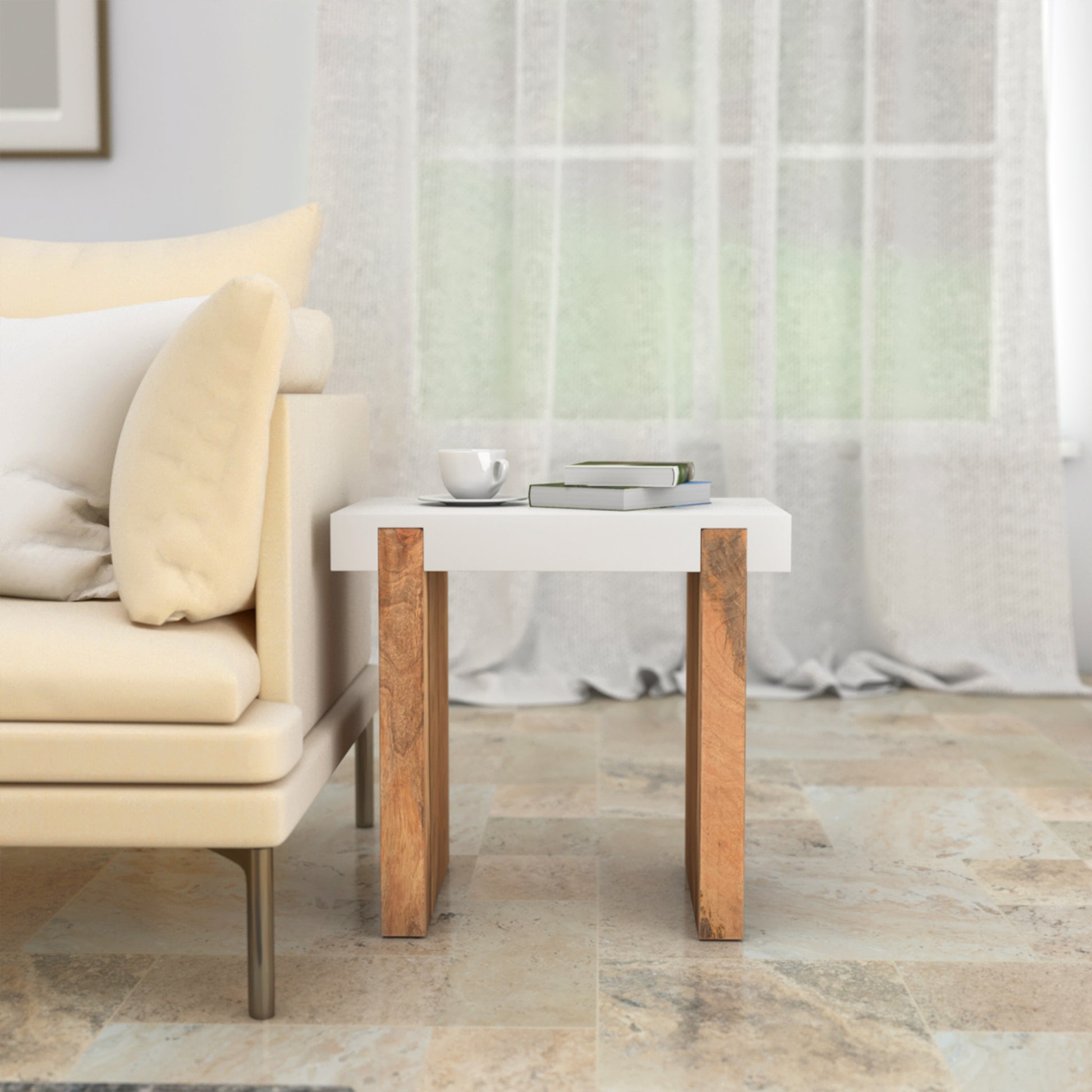 Kerry 20 Inch Rectangular End Side Table, Mango Wood, Sled Base, Glossy White, Natural Brown Brown White Wood