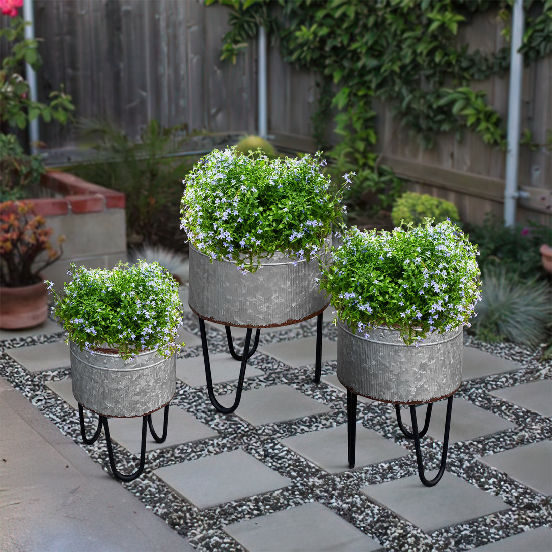 Galvanized Sheet Planter Tubs, Iron Powder Coated Hairpin Legs, Set Of 3, Gray, Black Black Gray Metal