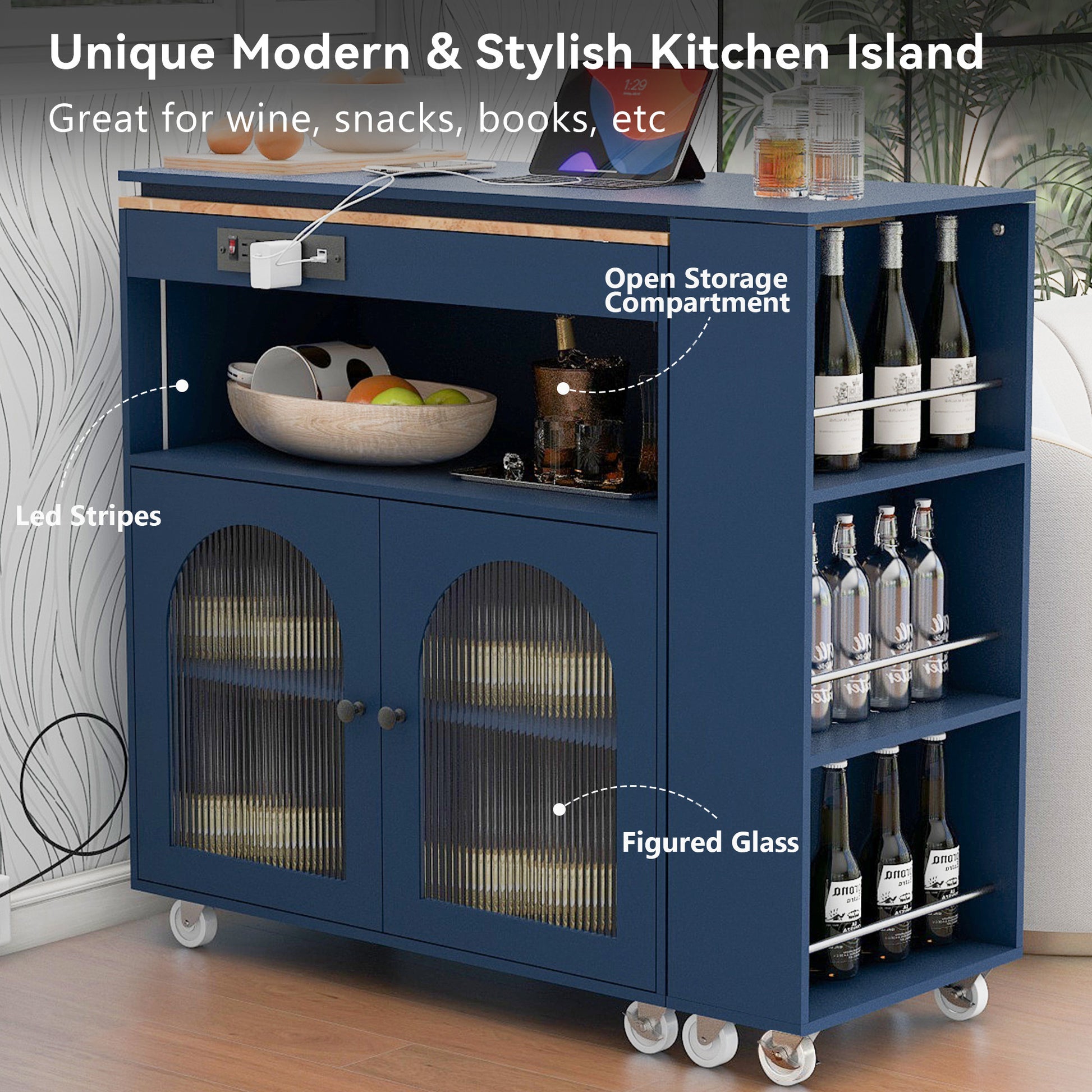 K&K Rolling Kitchen Island With Extended Table navy