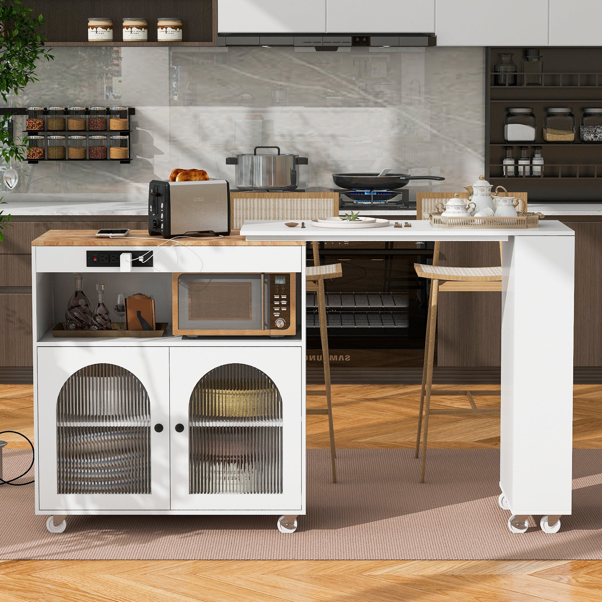 K&K Rolling Kitchen Island With Extended Table