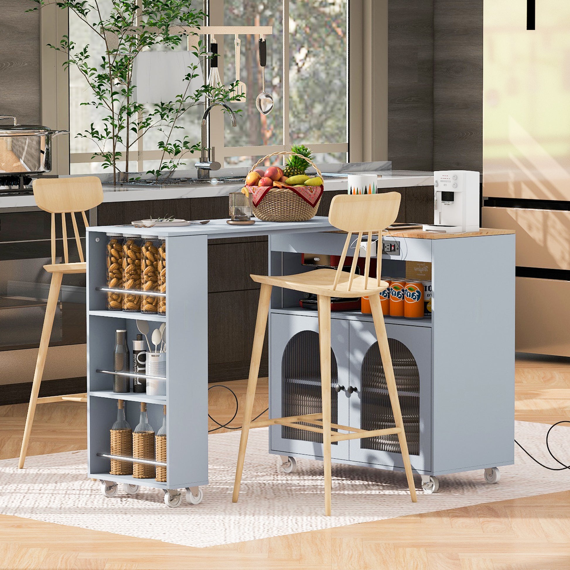 K&K Rolling Kitchen Island With Extended Table