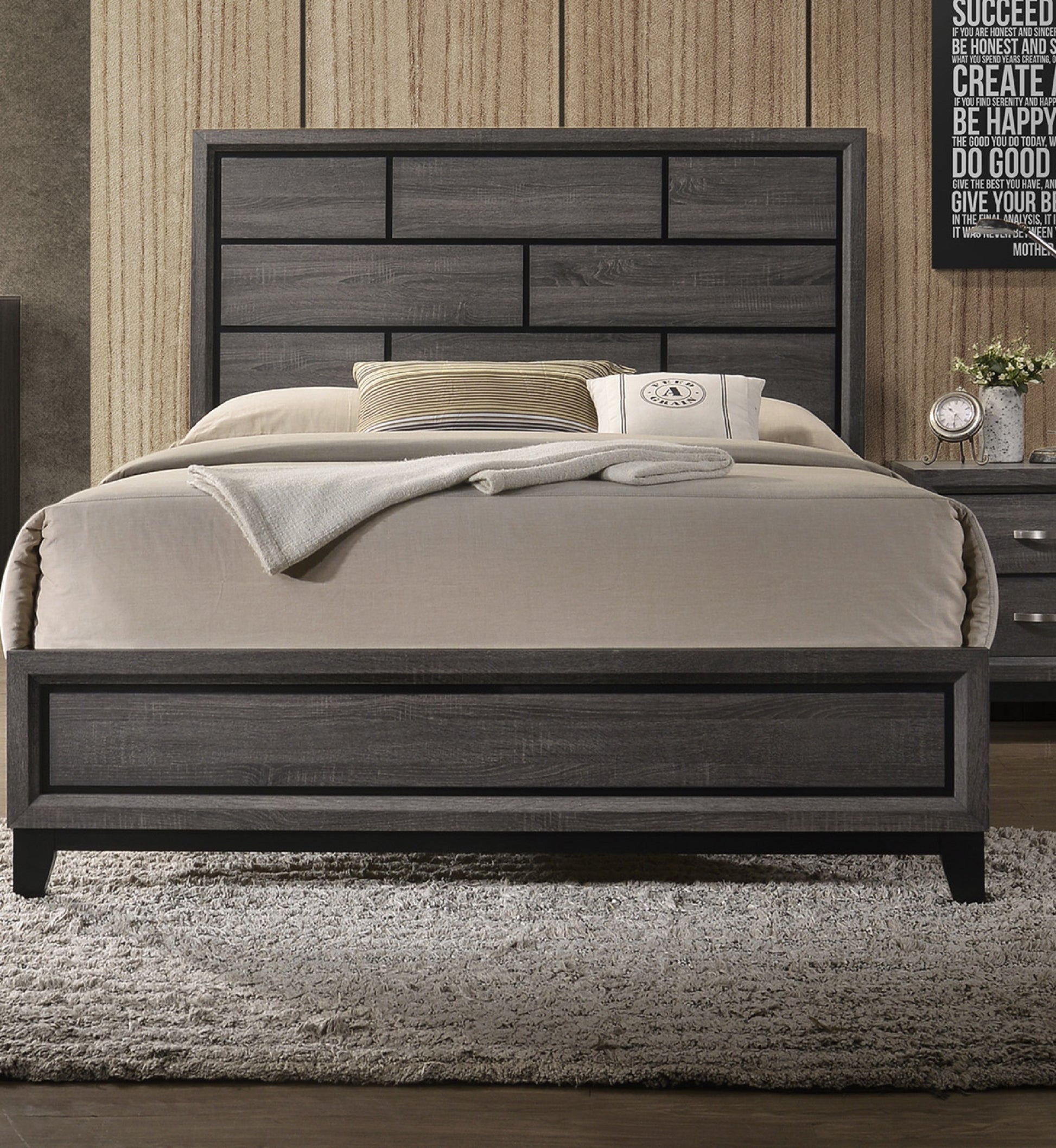 Cotemporary Gray Finish Twin Size Panel Low Profile Youth Kids Bed Geometric Design Wooden Bedroom Furniture Brown Gray Wood