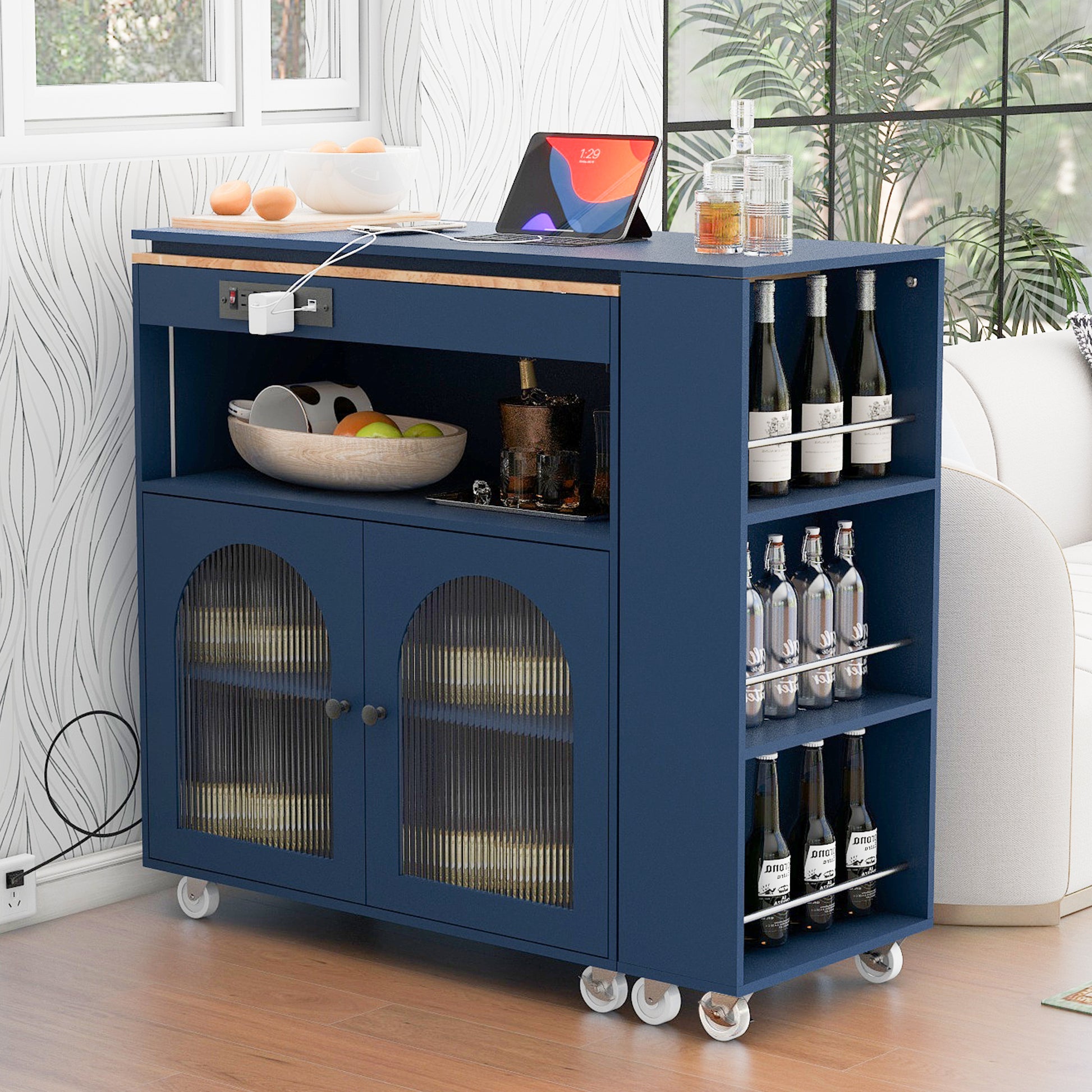 K&K Rolling Kitchen Island With Extended Table navy