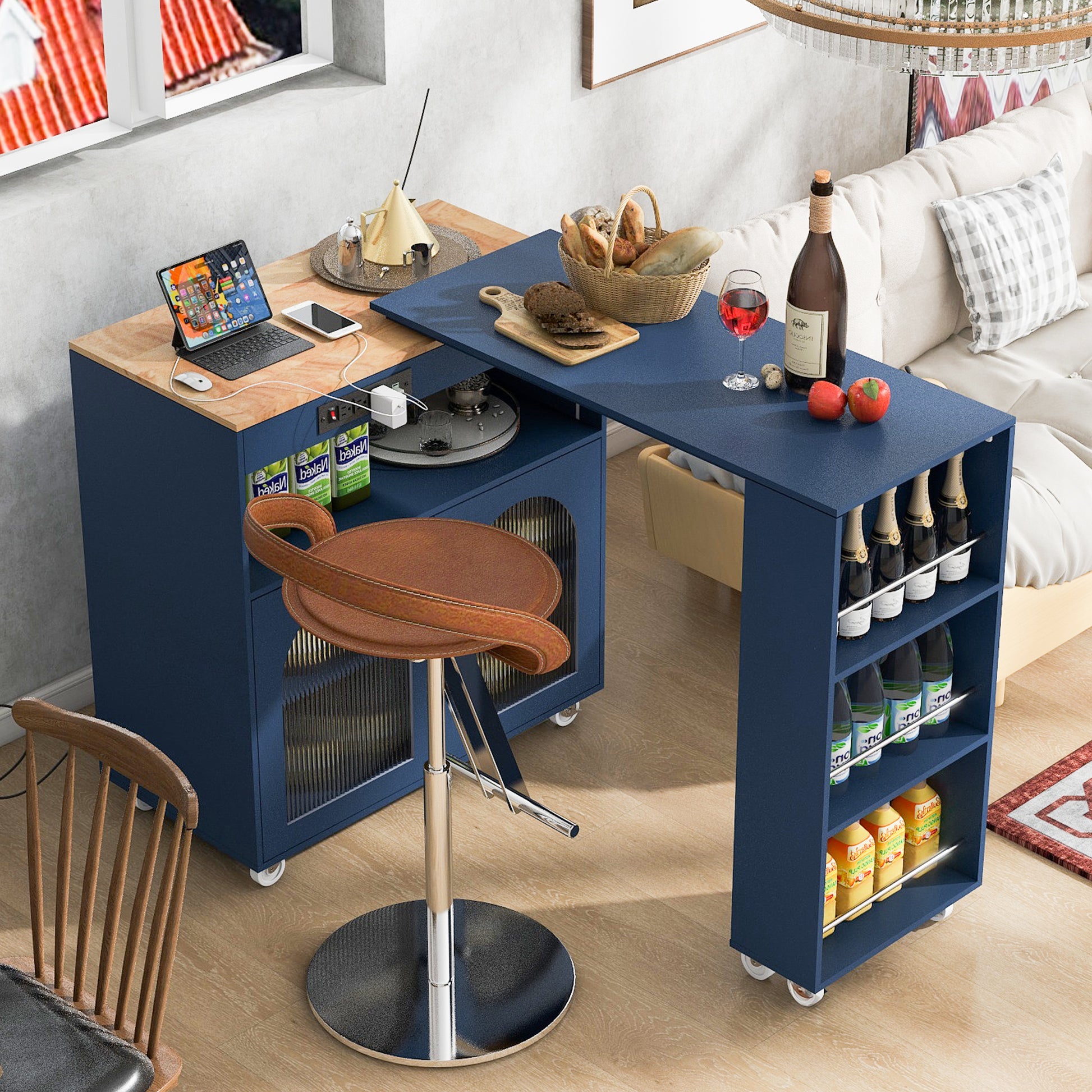 K&K Rolling Kitchen Island With Extended Table navy