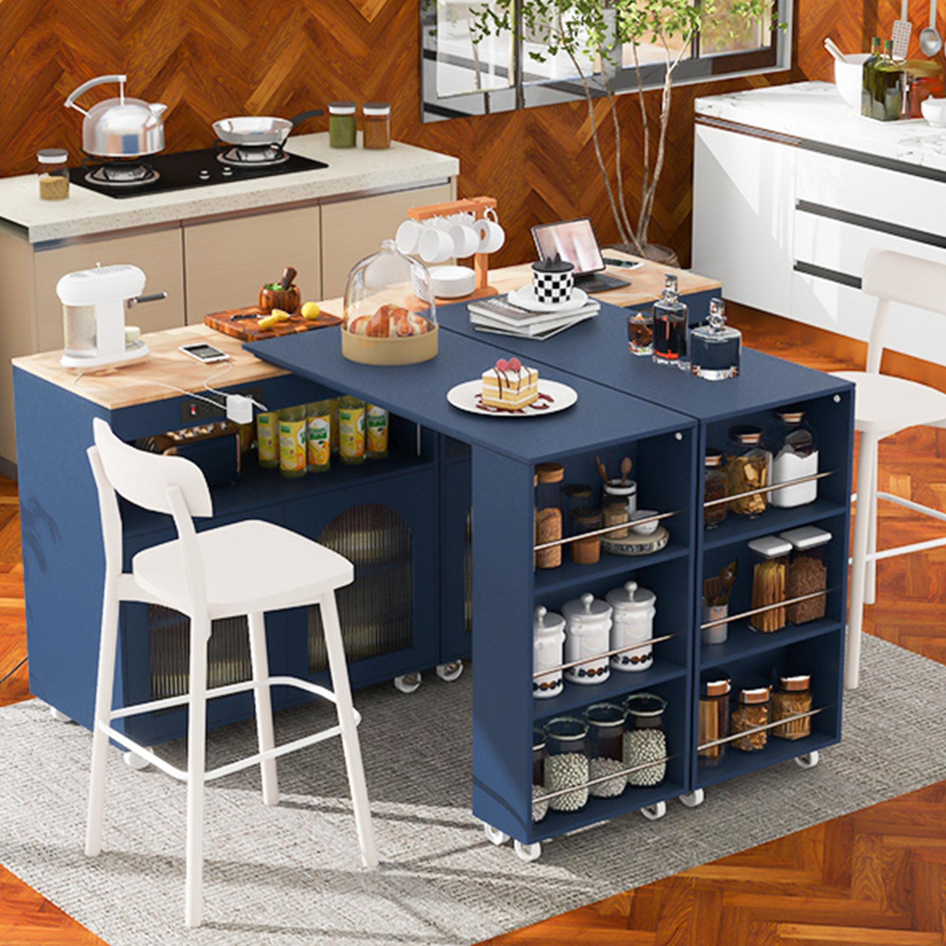 K&K Rolling Kitchen Island With Extended Table navy