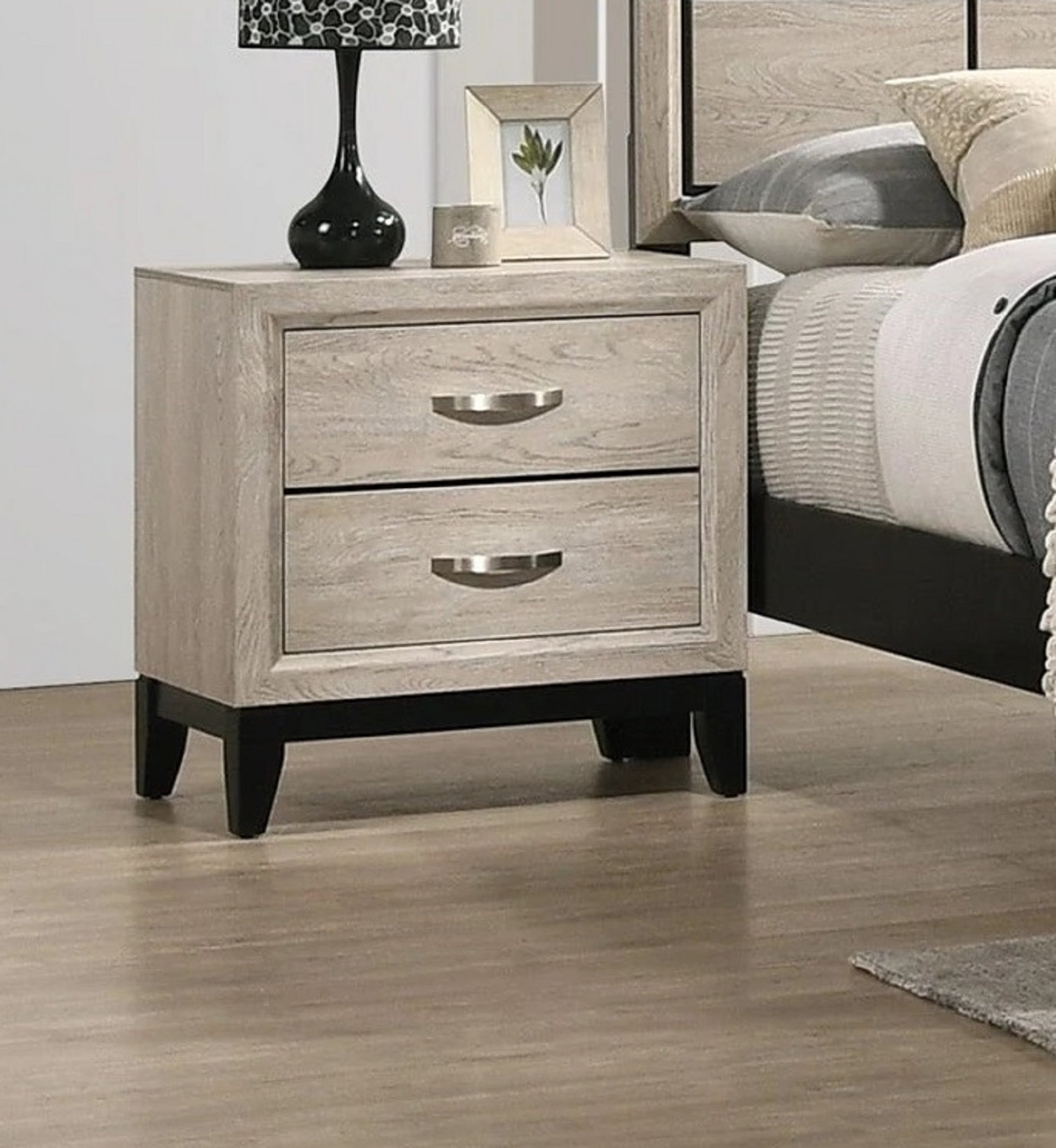 Contemporary 2 Drawer Nightstand End Table Drift Wood Finish Two Storage Drawers Metal Handles Bedroom Living Room Wooden Furniture Cream White Wood