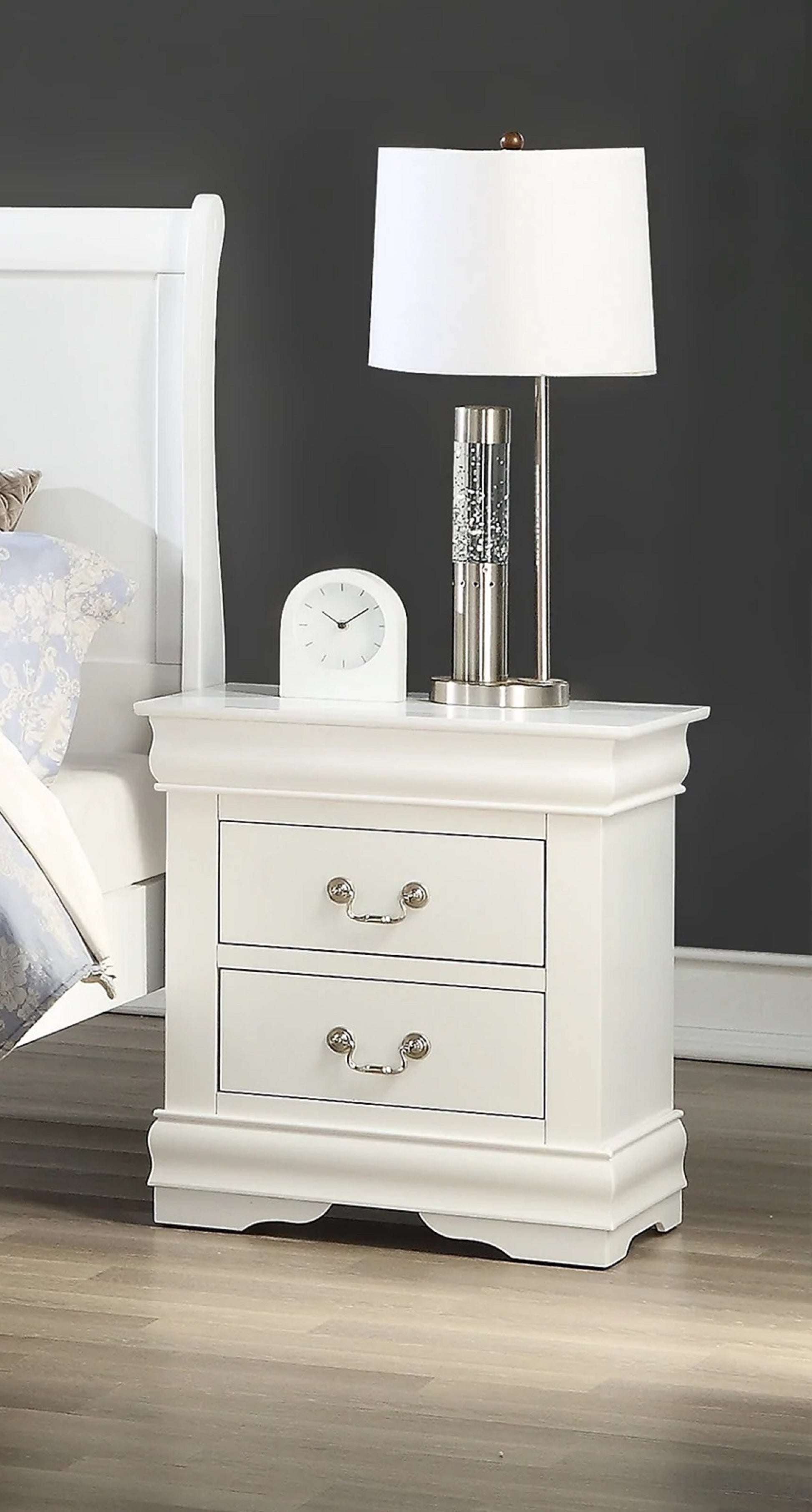 1Pc Nightstand White Louis Philippe Solid Wood English Dovetail Construction Antique Nickle Hanging Pulls White 2 Drawers Bedroom Bedside Cabinet Contemporary,Transitional Rubberwood Drawers Solid Wood